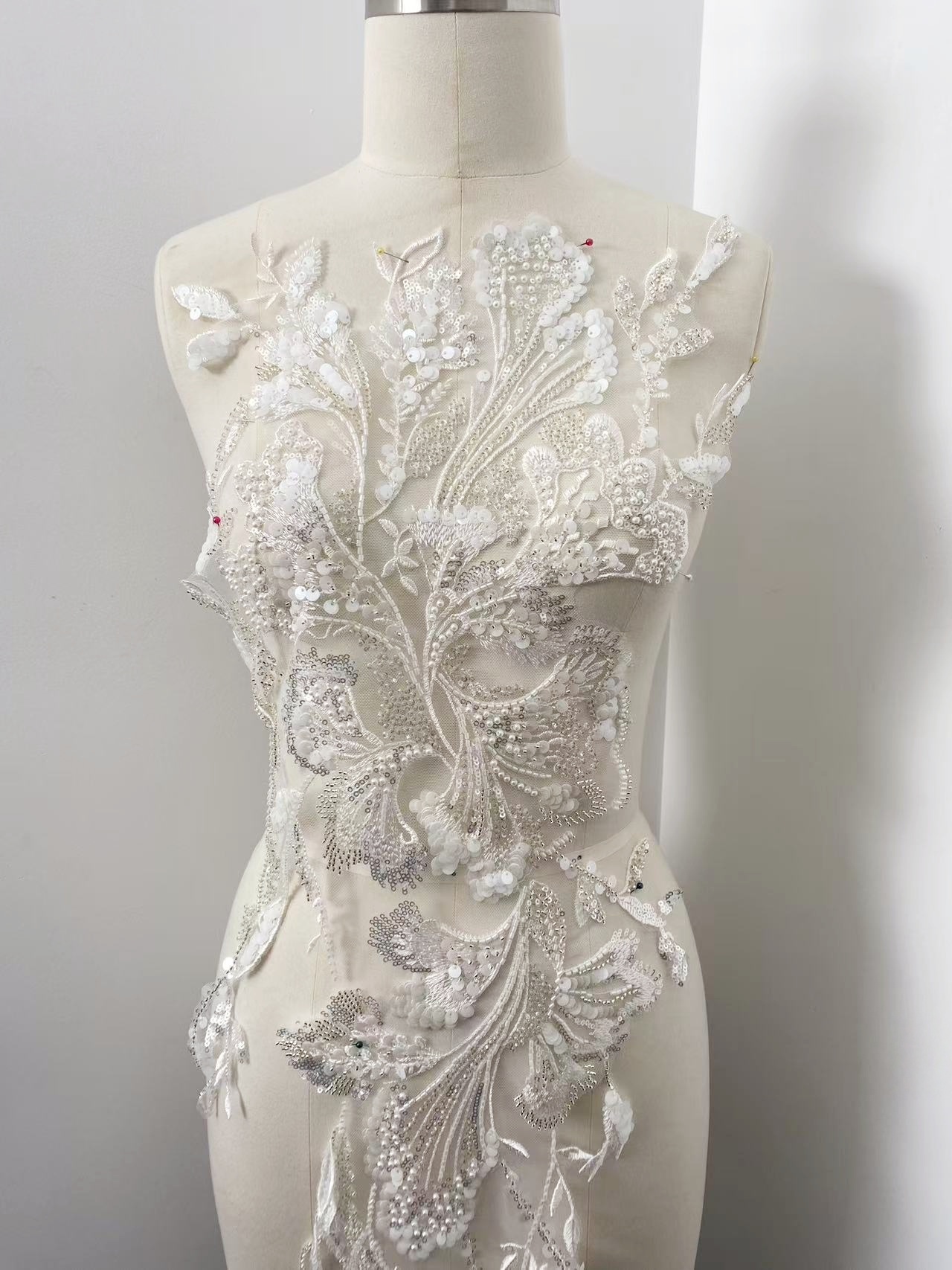 Beaded Lace Trim with Sequins, White Sequined Petal 3D Lace Applique Pair with Handmade Beads for Costume, Bridal Gown, Prom Dress