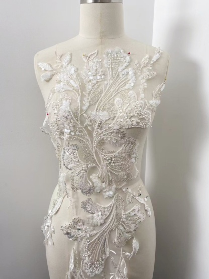 Beaded Lace Trim with Sequins, White Sequined Petal 3D Lace Applique Pair with Handmade Beads for Costume, Bridal Gown, Prom Dress