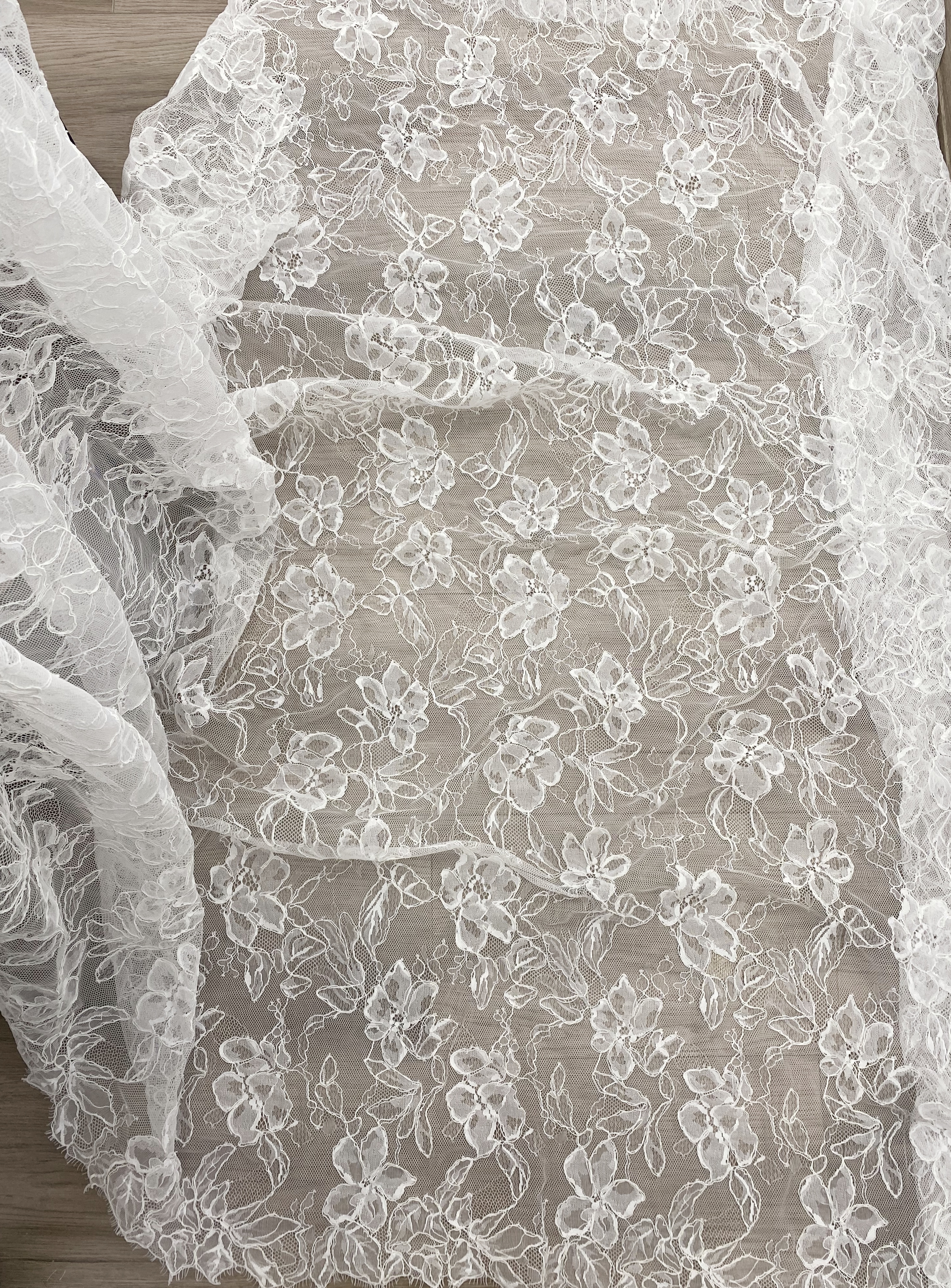 Off White French Alencon Lace Fabric with Corded Floral, Bridal Wedding Floral Embroidery Lace Fabric Sold as 3 meters