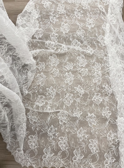 Off White French Alencon Lace Fabric with Corded Floral, Bridal Wedding Floral Embroidery Lace Fabric Sold as 3 meters
