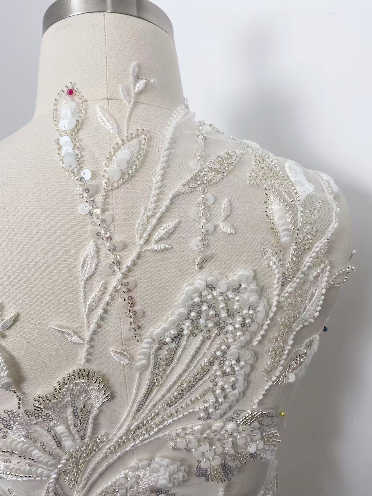 Beaded Lace Trim with Sequins, White Sequined Petal 3D Lace Applique Pair with Handmade Beads for Costume, Bridal Gown, Prom Dress