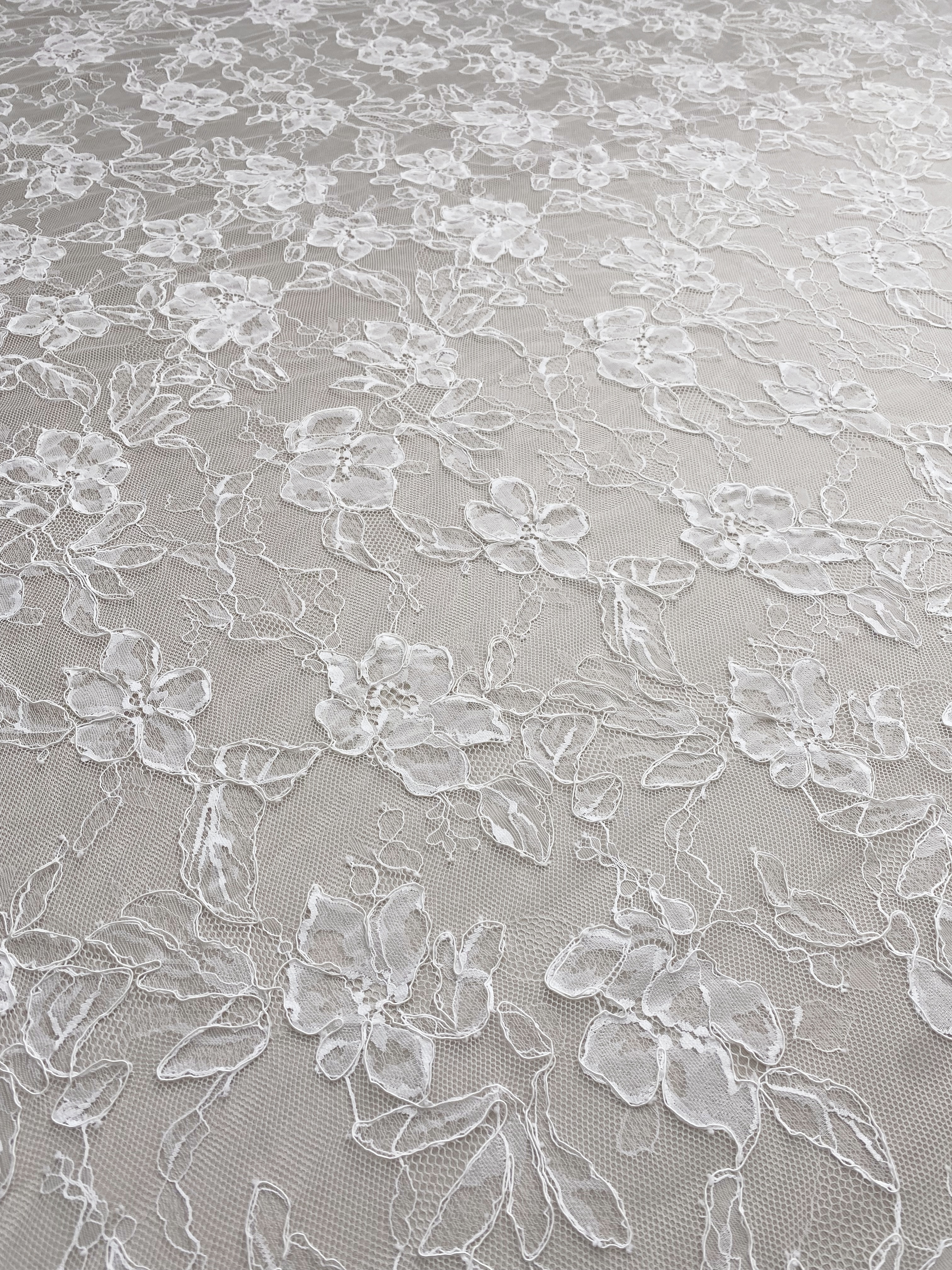 Off White French Alencon Lace Fabric with Corded Floral, Bridal Wedding Floral Embroidery Lace Fabric Sold as 3 meters