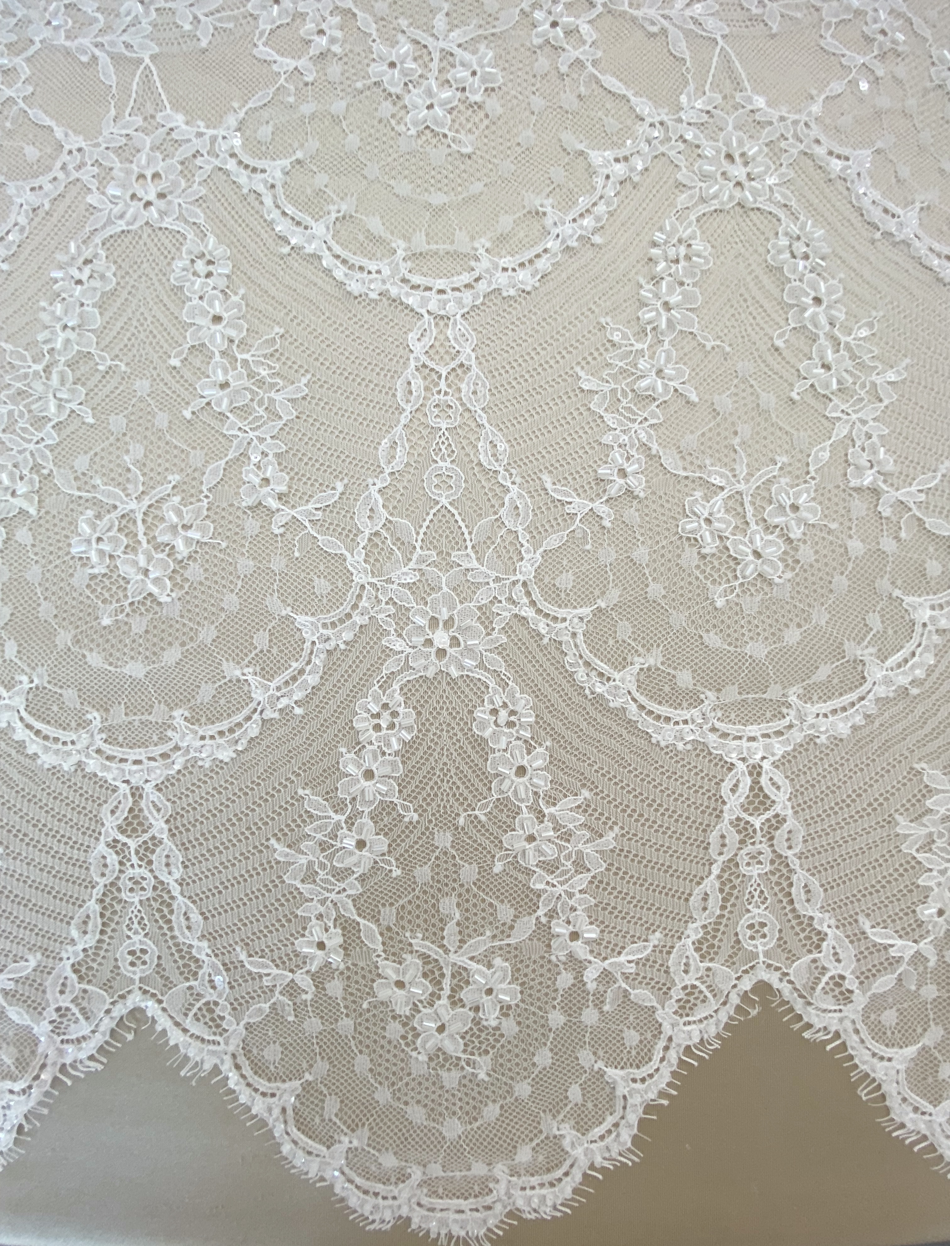 Off White French Chantilly Lace Fabric, Beaded Bridal Wedding Fabric Unique Mermaid Bridal Lace Fabric By 3 Meters