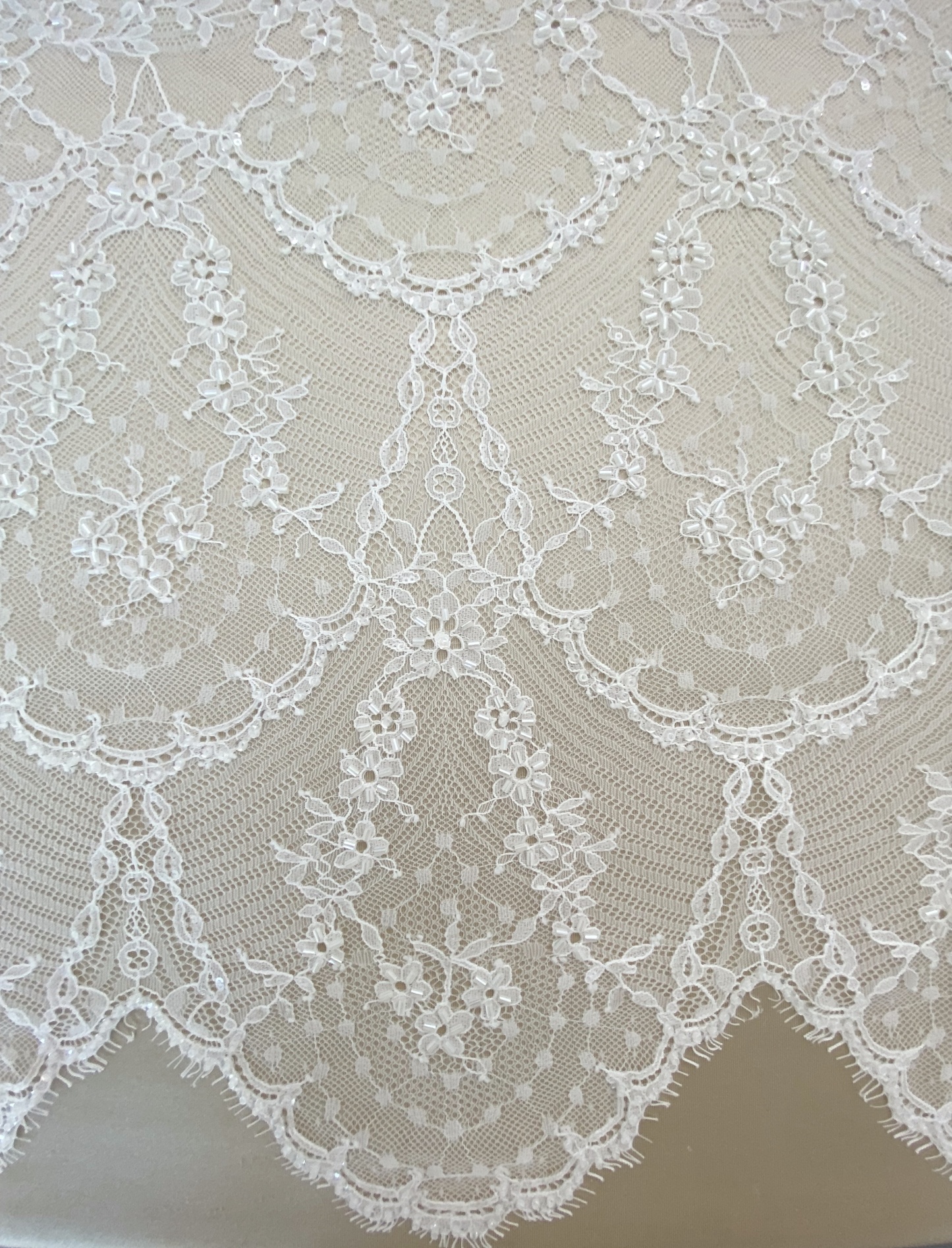 Off White French Chantilly Lace Fabric, Beaded Bridal Wedding Fabric Unique Mermaid Bridal Lace Fabric By 3 Meters