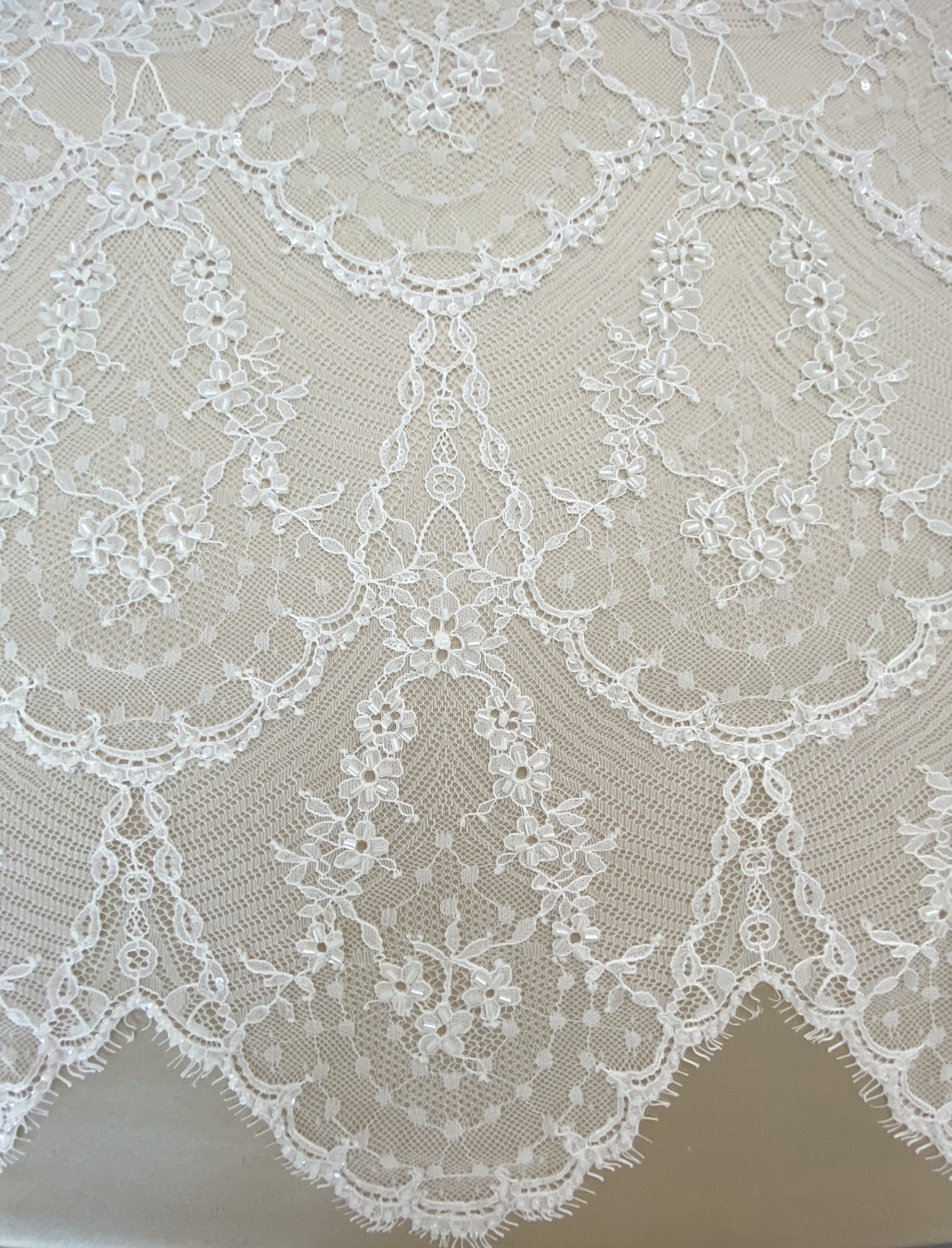 Off White French Chantilly Lace Fabric, Beaded Bridal Wedding Fabric Unique Mermaid Bridal Lace Fabric By 3 Meters