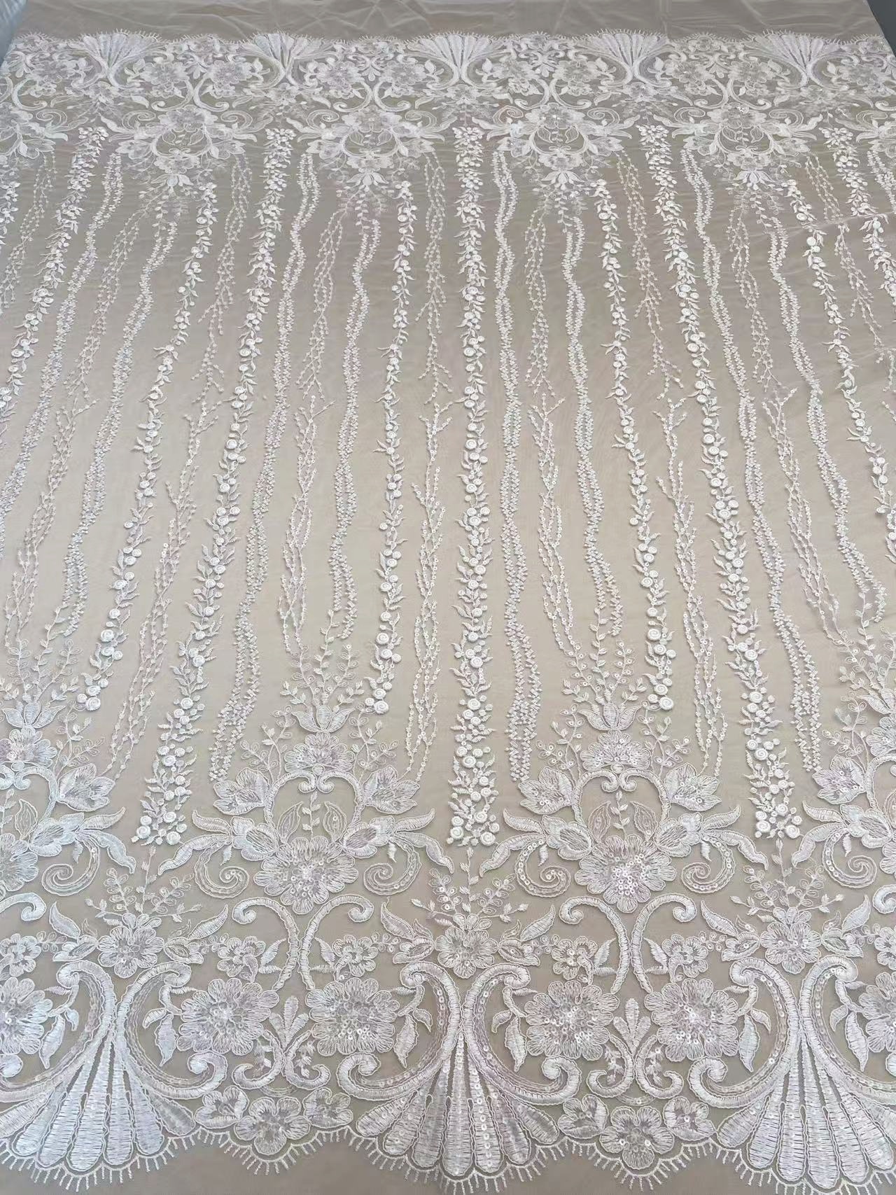 Ivory Floral Embroidery Tulle Fabric,Floral Embroidered Tulle for Bridal Dress, Veil, Wedding or Christmas Party Sewing Material
