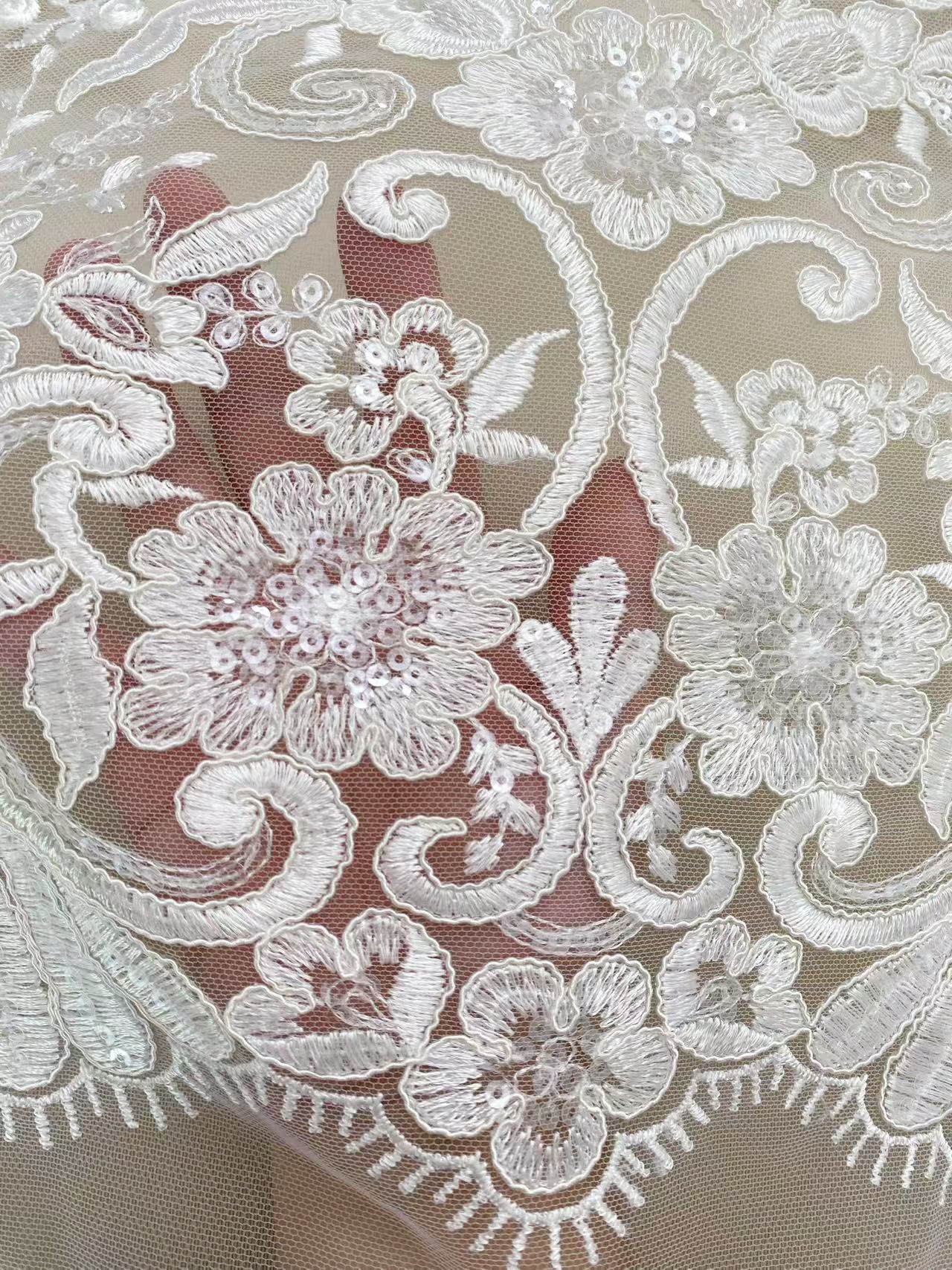 Ivory Floral Embroidery Tulle Fabric,Floral Embroidered Tulle for Bridal Dress, Veil, Wedding or Christmas Party Sewing Material