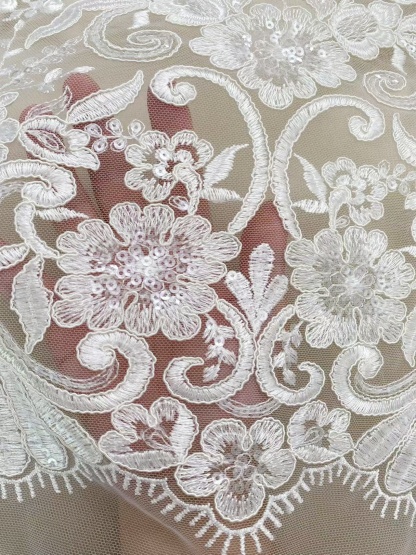 Ivory Floral Embroidery Tulle Fabric,Floral Embroidered Tulle for Bridal Dress, Veil, Wedding or Christmas Party Sewing Material