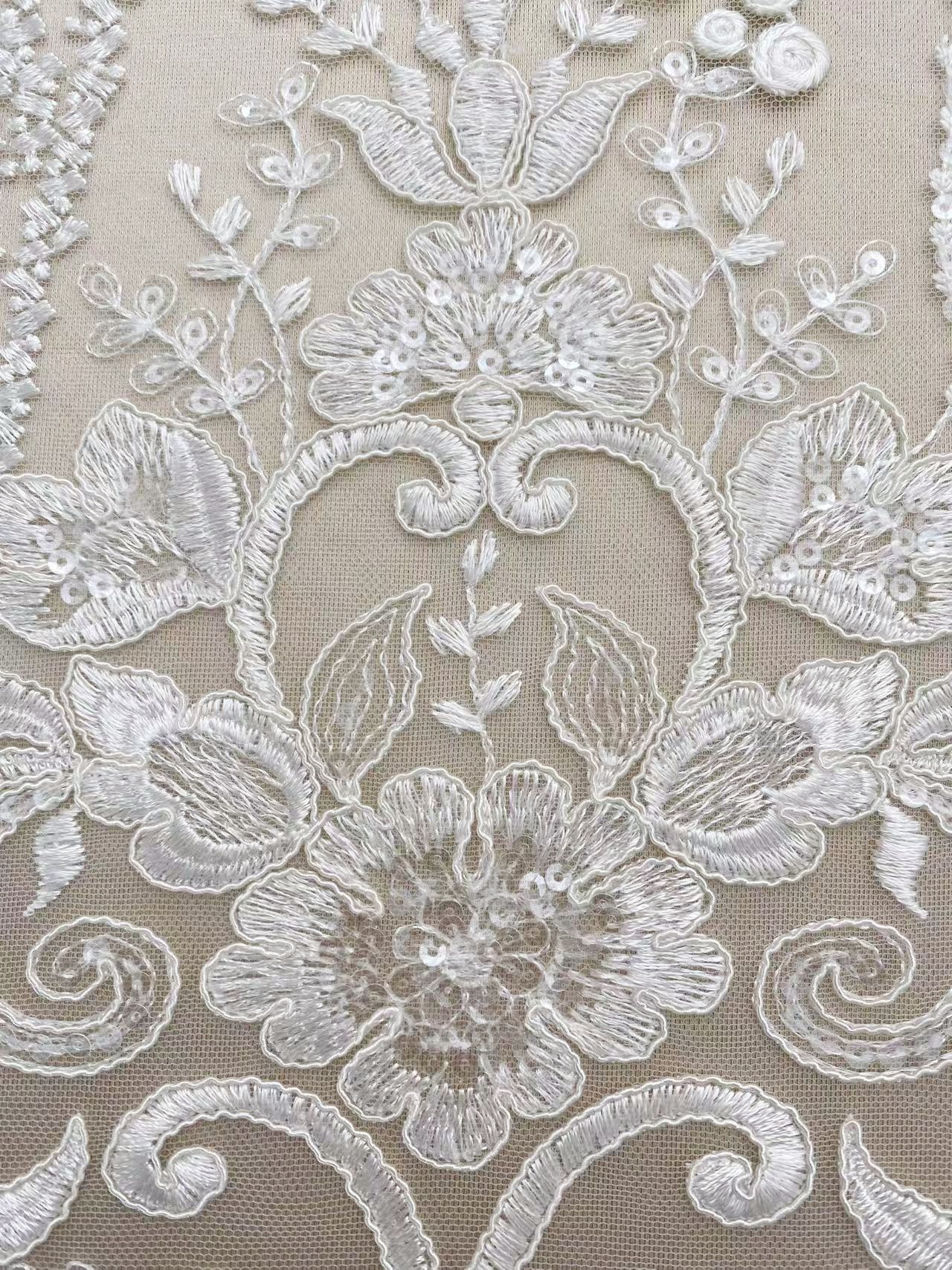 Ivory Floral Embroidery Tulle Fabric,Floral Embroidered Tulle for Bridal Dress, Veil, Wedding or Christmas Party Sewing Material