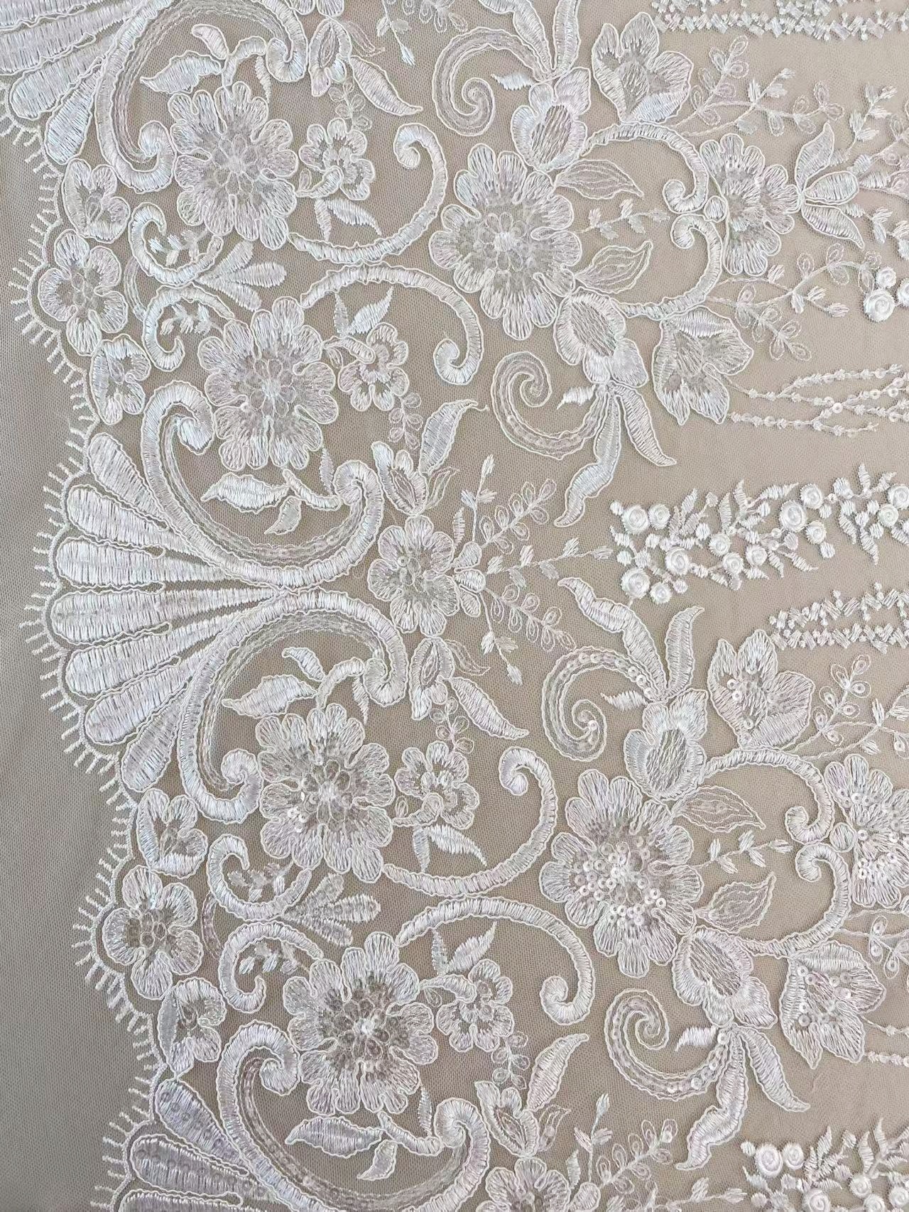 Ivory Floral Embroidery Tulle Fabric,Floral Embroidered Tulle for Bridal Dress, Veil, Wedding or Christmas Party Sewing Material