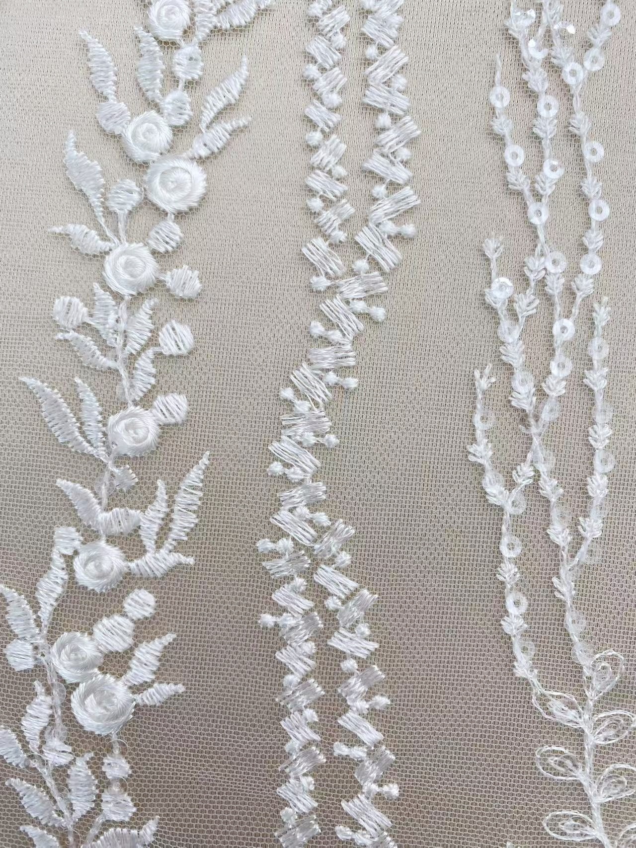 Ivory Floral Embroidery Tulle Fabric,Floral Embroidered Tulle for Bridal Dress, Veil, Wedding or Christmas Party Sewing Material