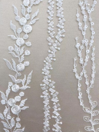 Ivory Floral Embroidery Tulle Fabric,Floral Embroidered Tulle for Bridal Dress, Veil, Wedding or Christmas Party Sewing Material