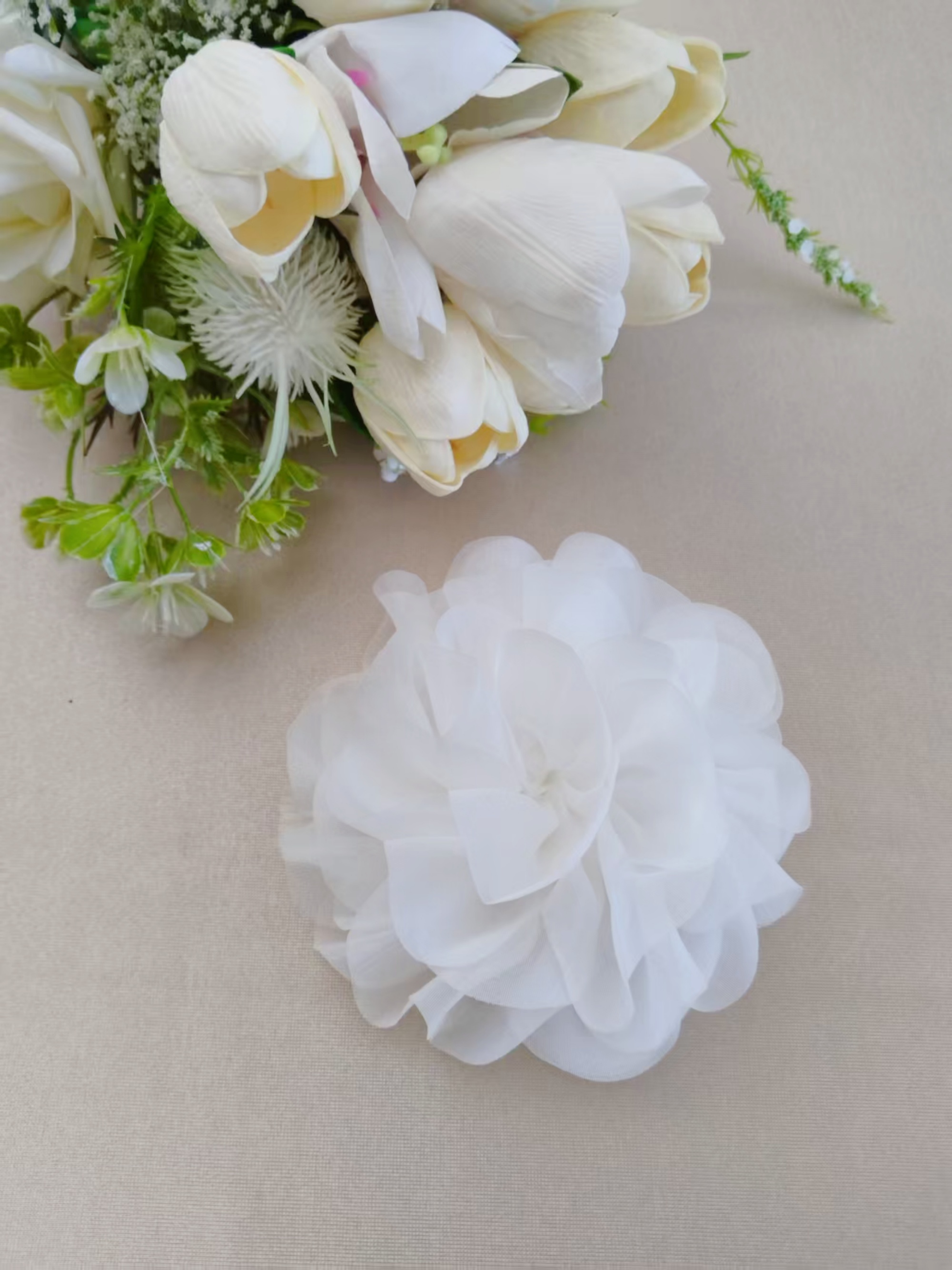 10PCS 3D Pearl Flower Applique: Off White Organza Lace Patches for wedding dresses,sewing on