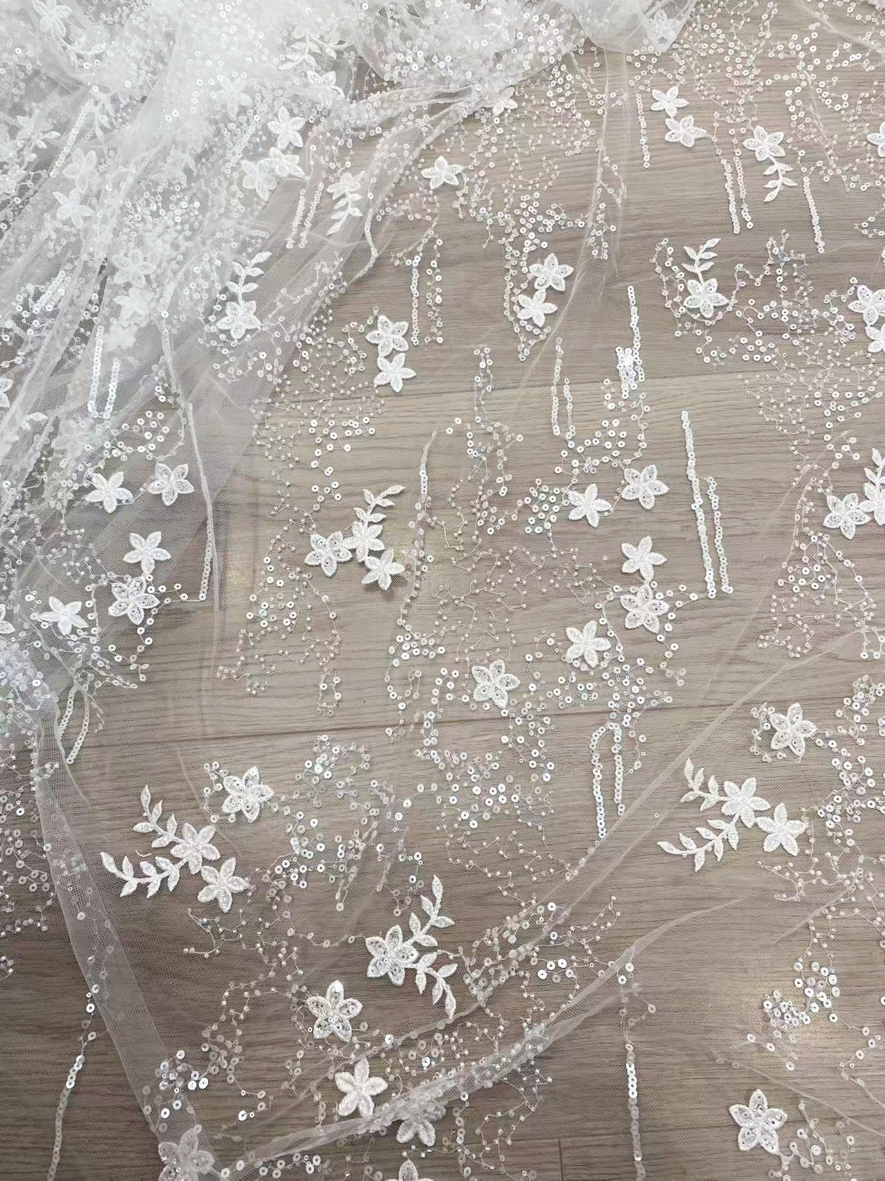 1 Yard Sequined Tulle Lace Fabric, Off White Beaded Bridal Mesh for Wedding Dress, Veil, Bridal Gown, Floral Embroidery Lace with Starry Sky