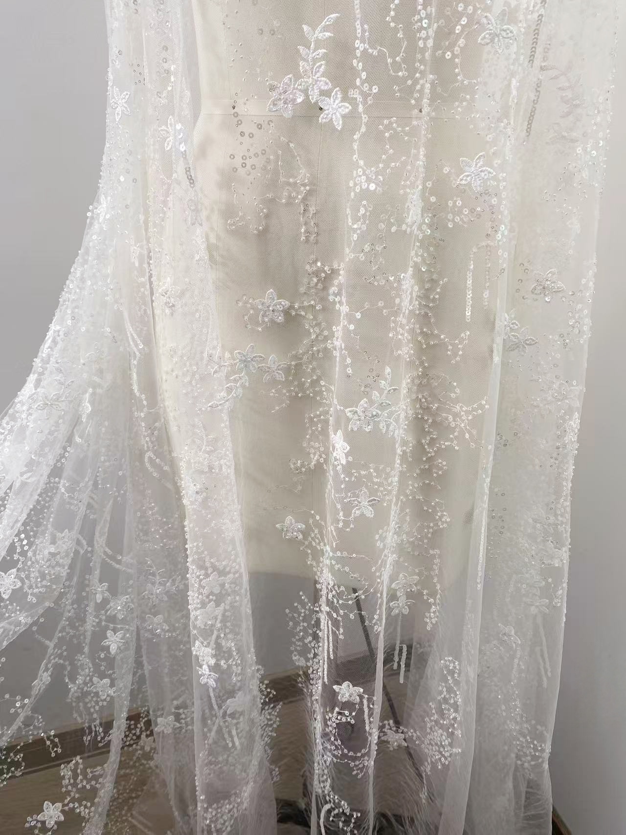 1 Yard Sequined Tulle Lace Fabric, Off White Beaded Bridal Mesh for Wedding Dress, Veil, Bridal Gown, Floral Embroidery Lace with Starry Sky