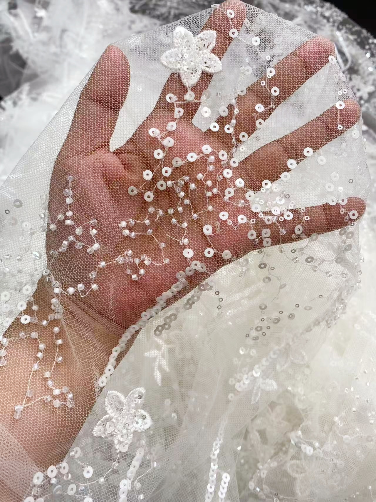 1 Yard Sequined Tulle Lace Fabric, Off White Beaded Bridal Mesh for Wedding Dress, Veil, Bridal Gown, Floral Embroidery Lace with Starry Sky