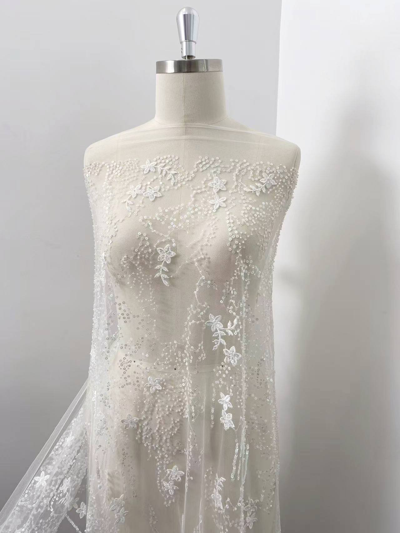 1 Yard Sequined Tulle Lace Fabric, Off White Beaded Bridal Mesh for Wedding Dress, Veil, Bridal Gown, Floral Embroidery Lace with Starry Sky