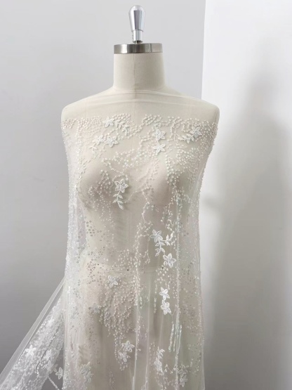 1 Yard Sequined Tulle Lace Fabric, Off White Beaded Bridal Mesh for Wedding Dress, Veil, Bridal Gown, Floral Embroidery Lace with Starry Sky