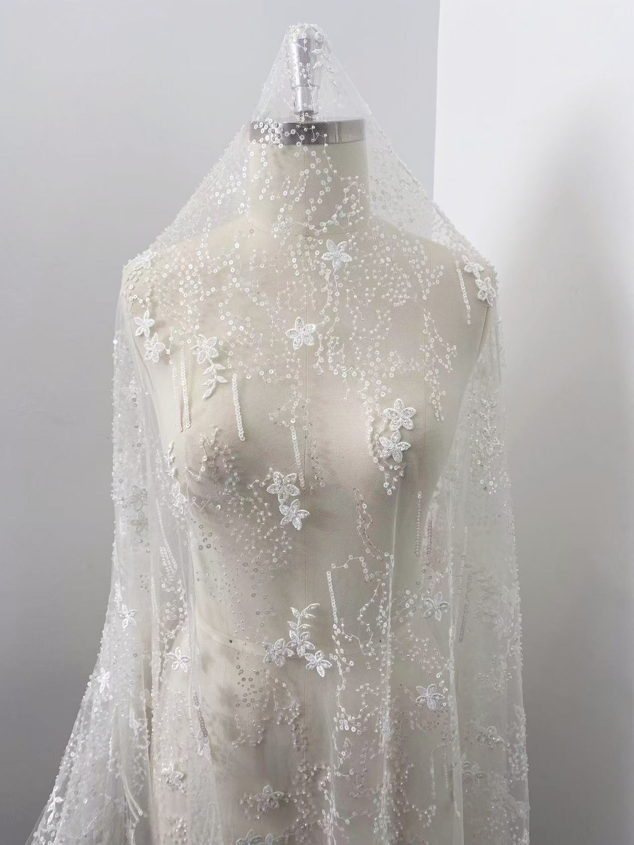 1 Yard Sequined Tulle Lace Fabric, Off White Beaded Bridal Mesh for Wedding Dress, Veil, Bridal Gown, Floral Embroidery Lace with Starry Sky