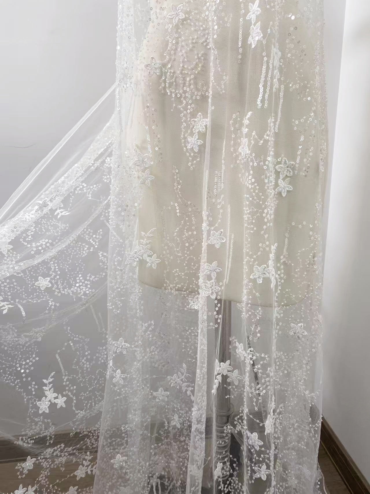 1 Yard Sequined Tulle Lace Fabric, Off White Beaded Bridal Mesh for Wedding Dress, Veil, Bridal Gown, Floral Embroidery Lace with Starry Sky