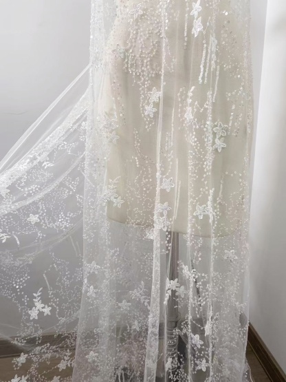 1 Yard Sequined Tulle Lace Fabric, Off White Beaded Bridal Mesh for Wedding Dress, Veil, Bridal Gown, Floral Embroidery Lace with Starry Sky