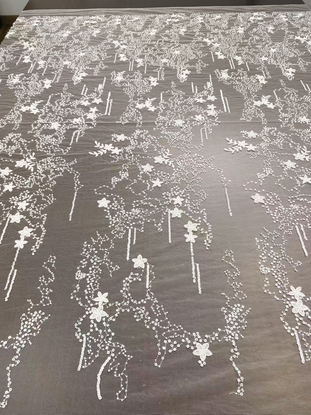 1 Yard Sequined Tulle Lace Fabric, Off White Beaded Bridal Mesh for Wedding Dress, Veil, Bridal Gown, Floral Embroidery Lace with Starry Sky