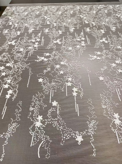 1 Yard Sequined Tulle Lace Fabric, Off White Beaded Bridal Mesh for Wedding Dress, Veil, Bridal Gown, Floral Embroidery Lace with Starry Sky
