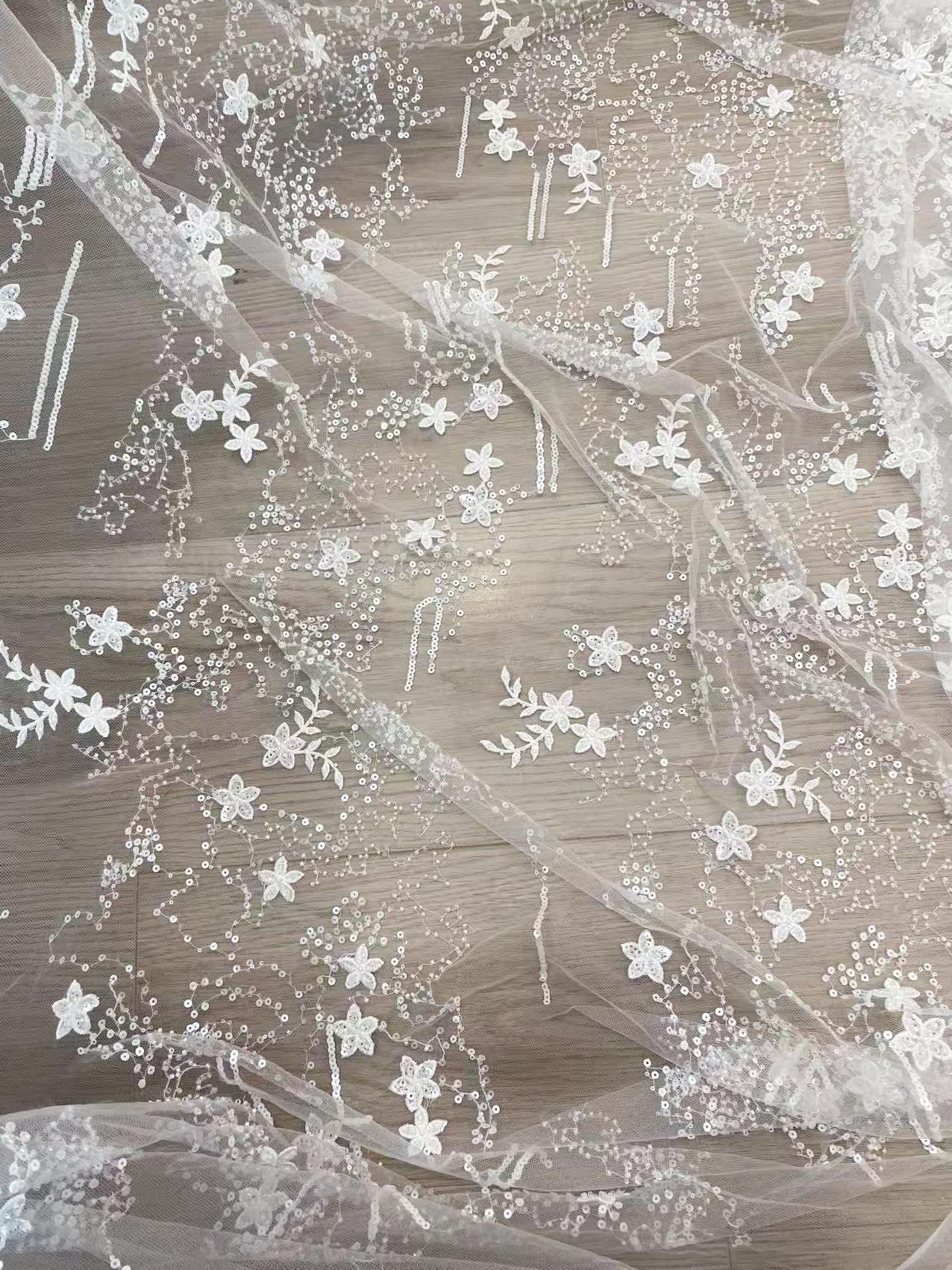 1 Yard Sequined Tulle Lace Fabric, Off White Beaded Bridal Mesh for Wedding Dress, Veil, Bridal Gown, Floral Embroidery Lace with Starry Sky