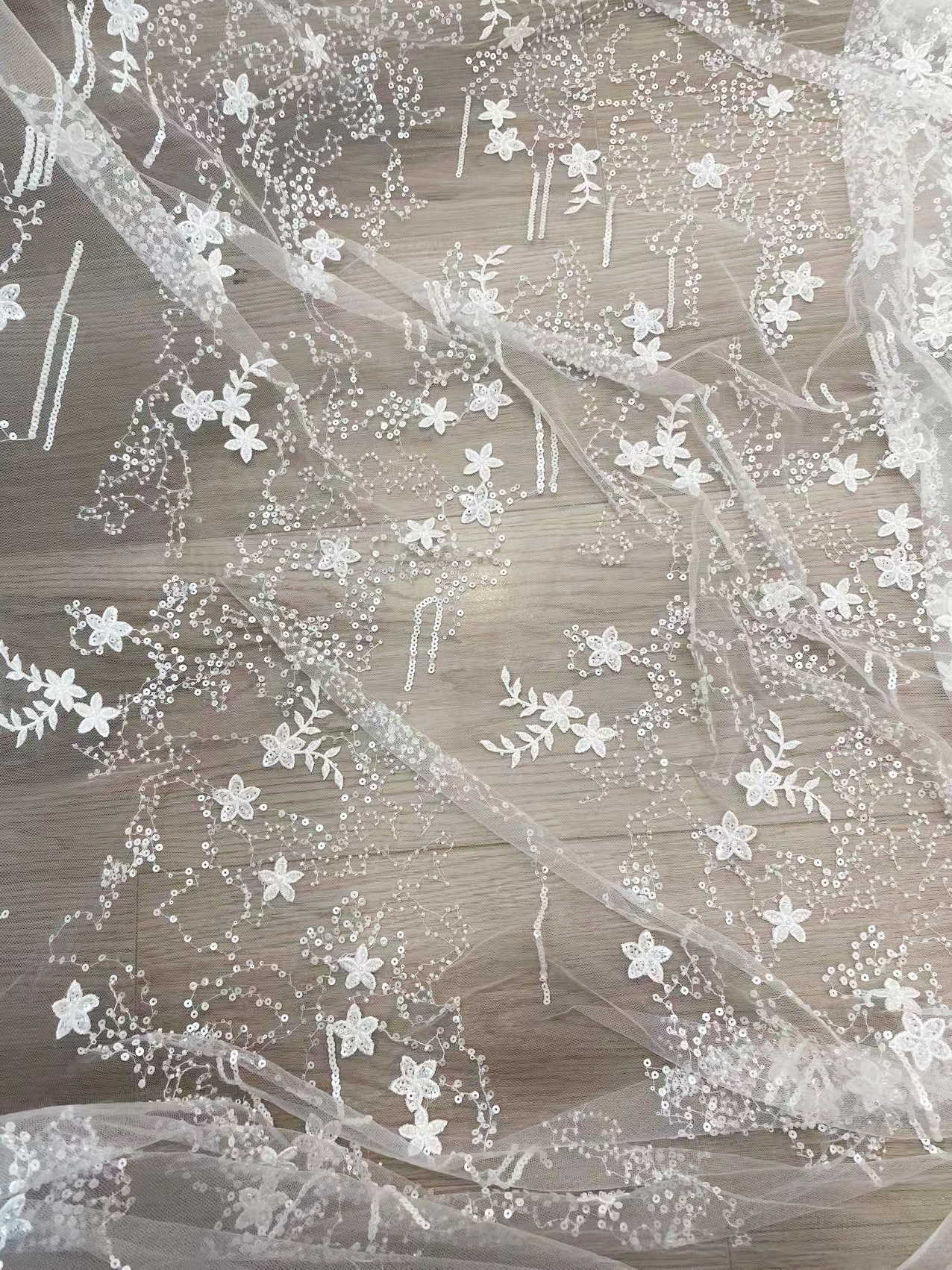 1 Yard Sequined Tulle Lace Fabric, Off White Beaded Bridal Mesh for Wedding Dress, Veil, Bridal Gown, Floral Embroidery Lace with Starry Sky