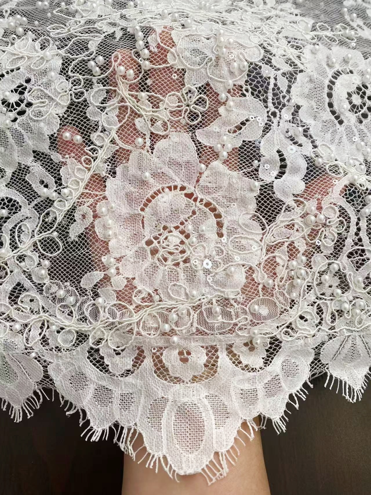 White Cord Beaded Chantilly Lace Fabric for Wedding Dress,Bridal Gown Veil, Pearls Lace with Eyelash Edging,Sold as 3-Meter Piece