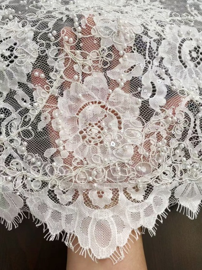 White Cord Beaded Chantilly Lace Fabric for Wedding Dress,Bridal Gown Veil, Pearls Lace with Eyelash Edging,Sold as 3-Meter Piece