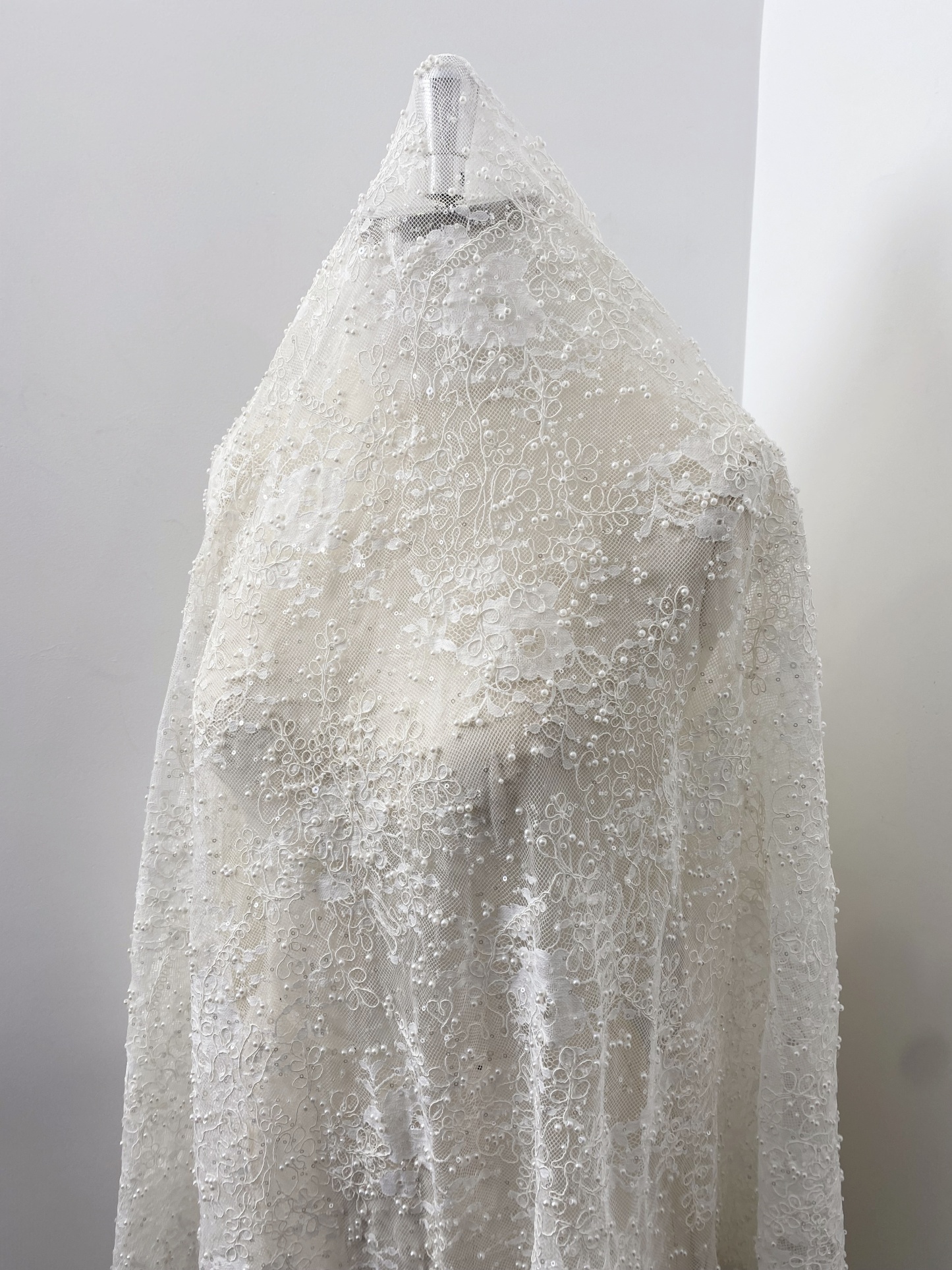 White Cord Beaded Chantilly Lace Fabric for Wedding Dress,Bridal Gown Veil, Pearls Lace with Eyelash Edging,Sold as 3-Meter Piece