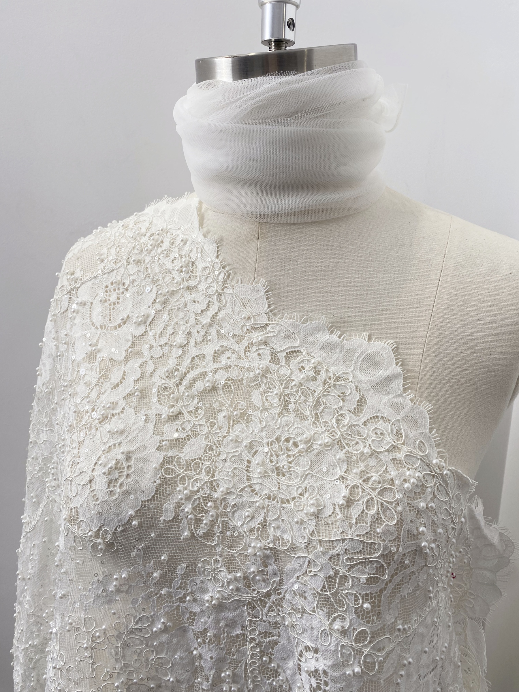 White Cord Beaded Chantilly Lace Fabric for Wedding Dress,Bridal Gown Veil, Pearls Lace with Eyelash Edging,Sold as 3-Meter Piece