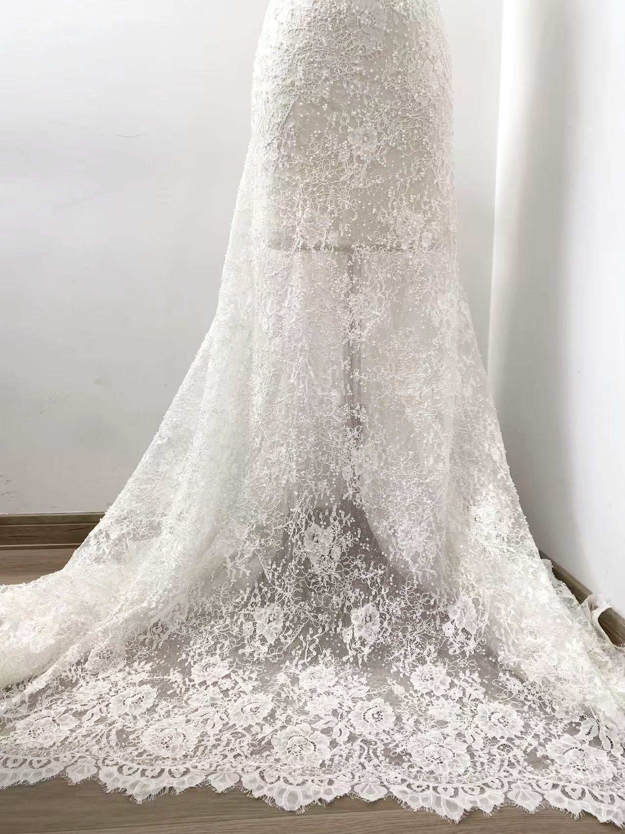 White Cord Beaded Chantilly Lace Fabric for Wedding Dress,Bridal Gown Veil, Pearls Lace with Eyelash Edging,Sold as 3-Meter Piece