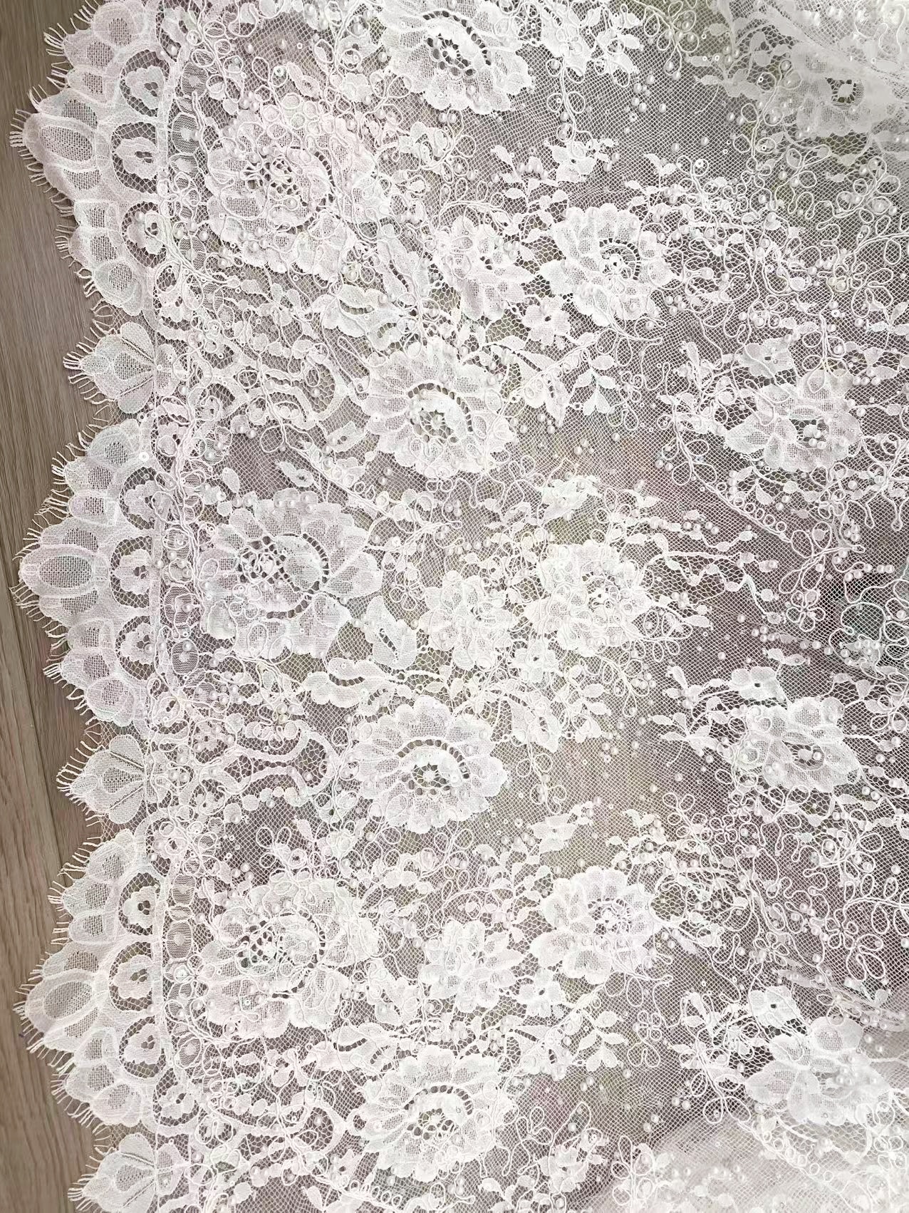 White Cord Beaded Chantilly Lace Fabric for Wedding Dress,Bridal Gown Veil, Pearls Lace with Eyelash Edging,Sold as 3-Meter Piece