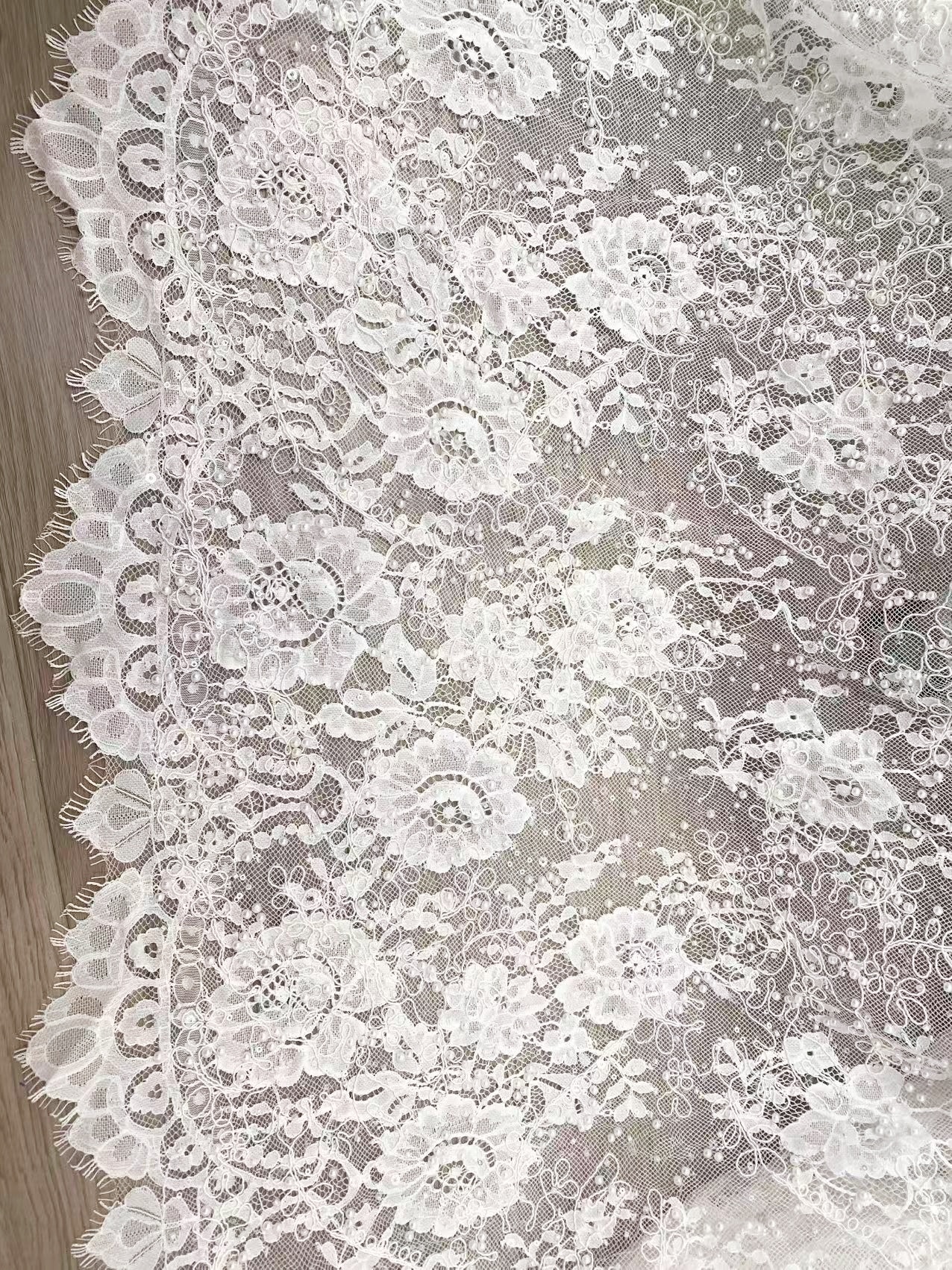 White Cord Beaded Chantilly Lace Fabric for Wedding Dress,Bridal Gown Veil, Pearls Lace with Eyelash Edging,Sold as 3-Meter Piece