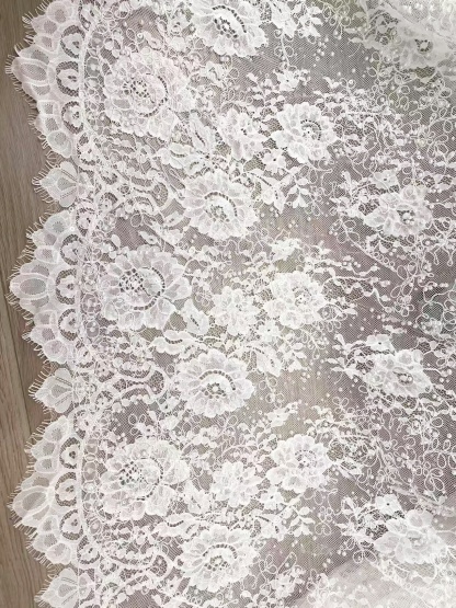 White Cord Beaded Chantilly Lace Fabric for Wedding Dress,Bridal Gown Veil, Pearls Lace with Eyelash Edging,Sold as 3-Meter Piece