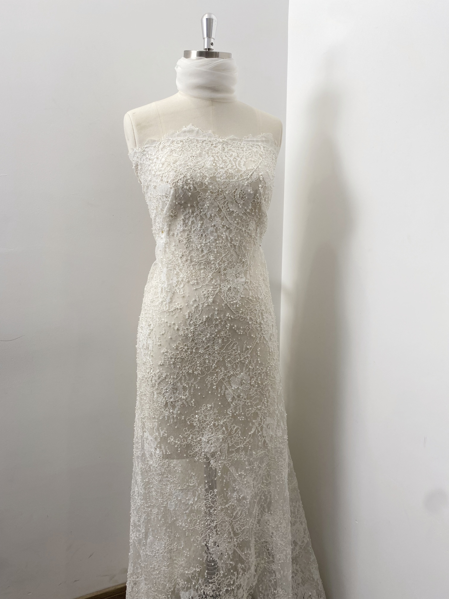 White Cord Beaded Chantilly Lace Fabric for Wedding Dress,Bridal Gown Veil, Pearls Lace with Eyelash Edging,Sold as 3-Meter Piece