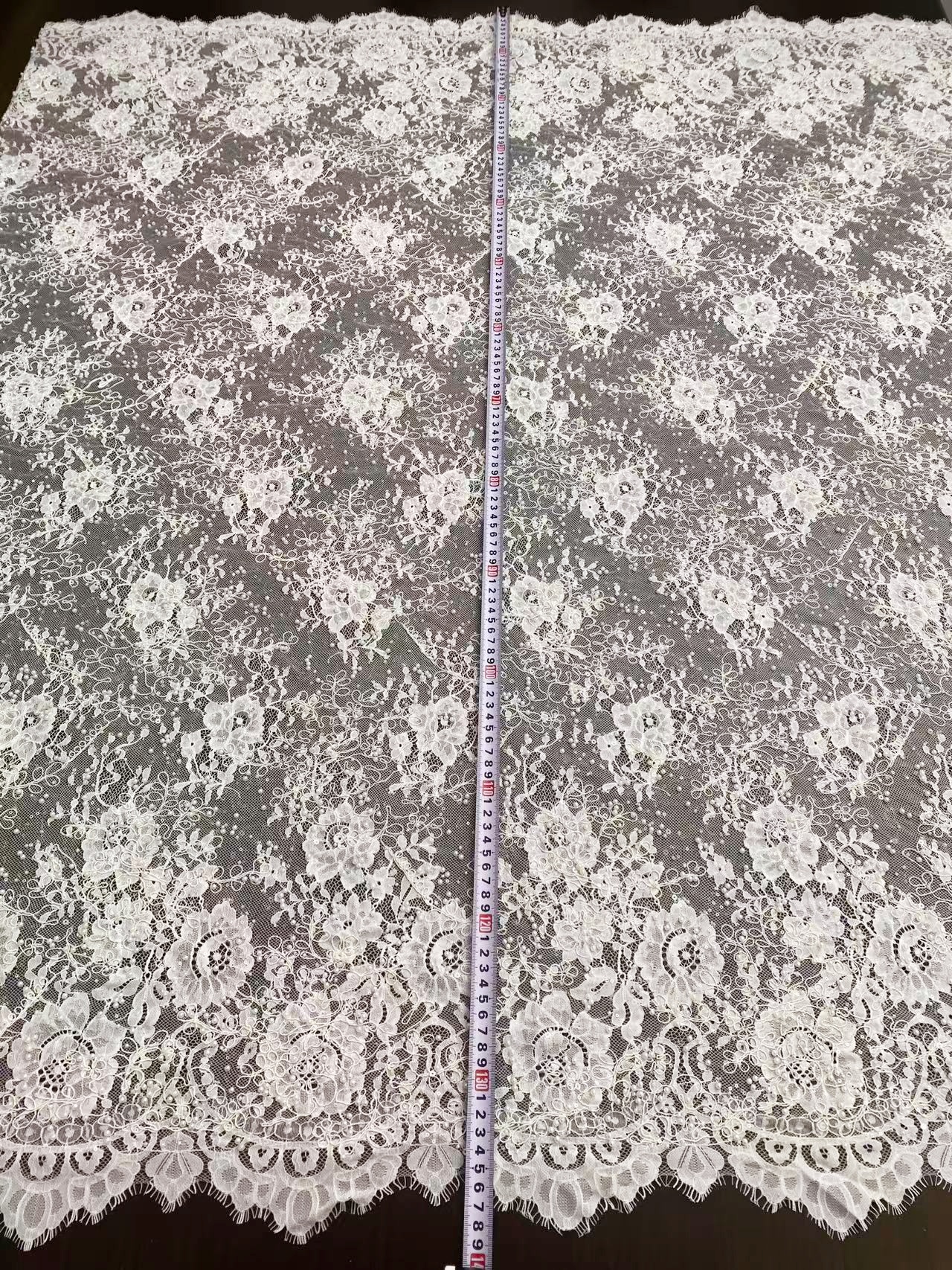 White Cord Beaded Chantilly Lace Fabric for Wedding Dress,Bridal Gown Veil, Pearls Lace with Eyelash Edging,Sold as 3-Meter Piece