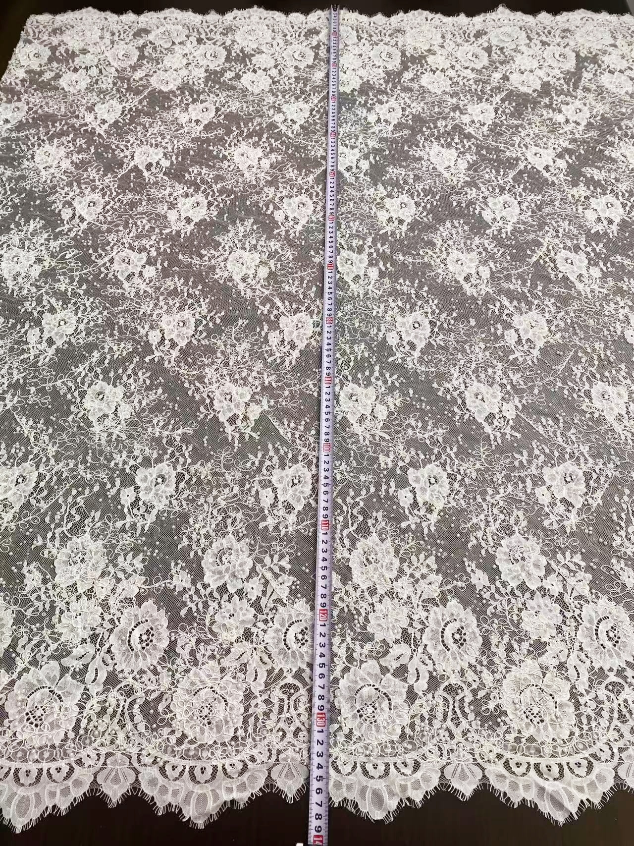 White Cord Beaded Chantilly Lace Fabric for Wedding Dress,Bridal Gown Veil, Pearls Lace with Eyelash Edging,Sold as 3-Meter Piece