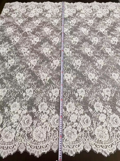 White Cord Beaded Chantilly Lace Fabric for Wedding Dress,Bridal Gown Veil, Pearls Lace with Eyelash Edging,Sold as 3-Meter Piece