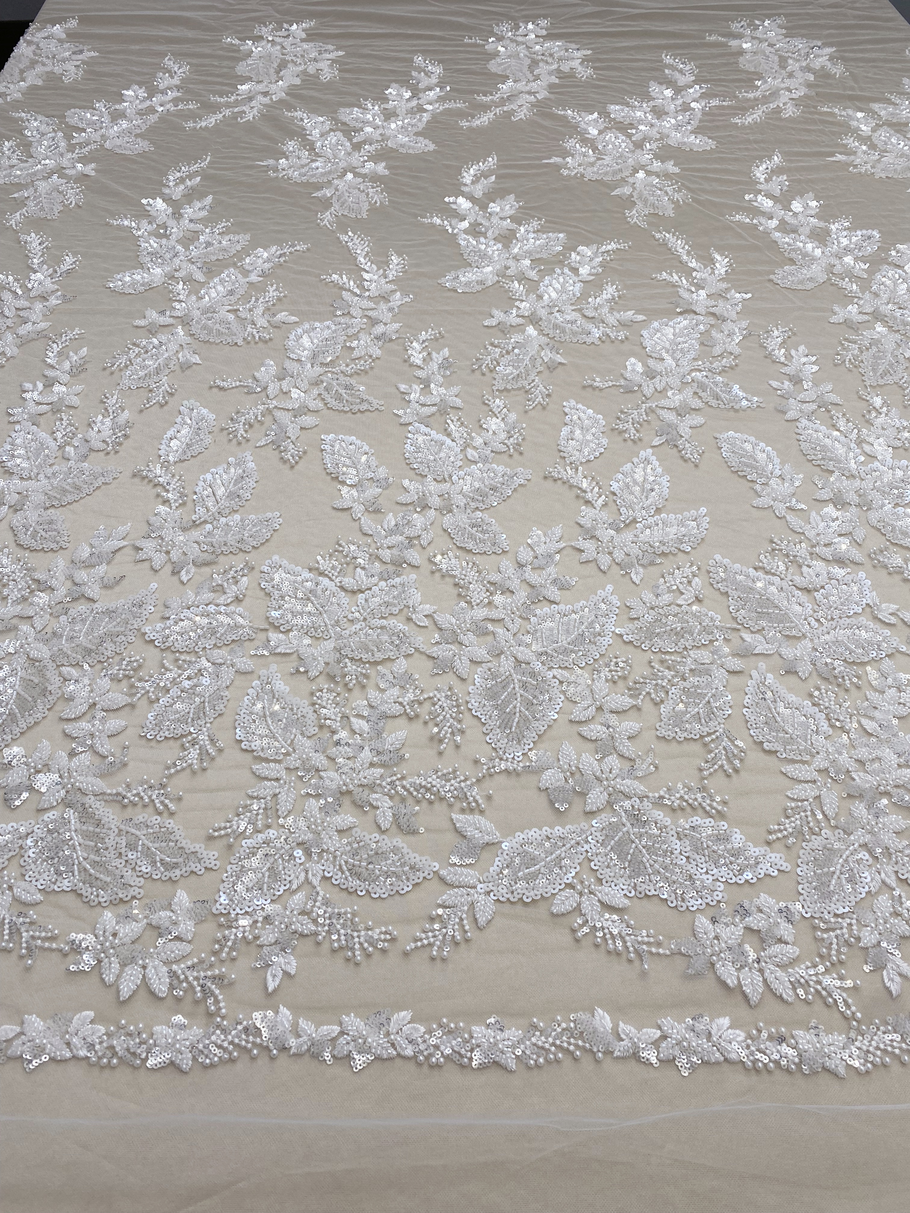 Floral embroidered beaded lace fabric with sequins on soft tulle for wedding dresses, veils, bridal gowns, capes, luxury wedding gown fabric