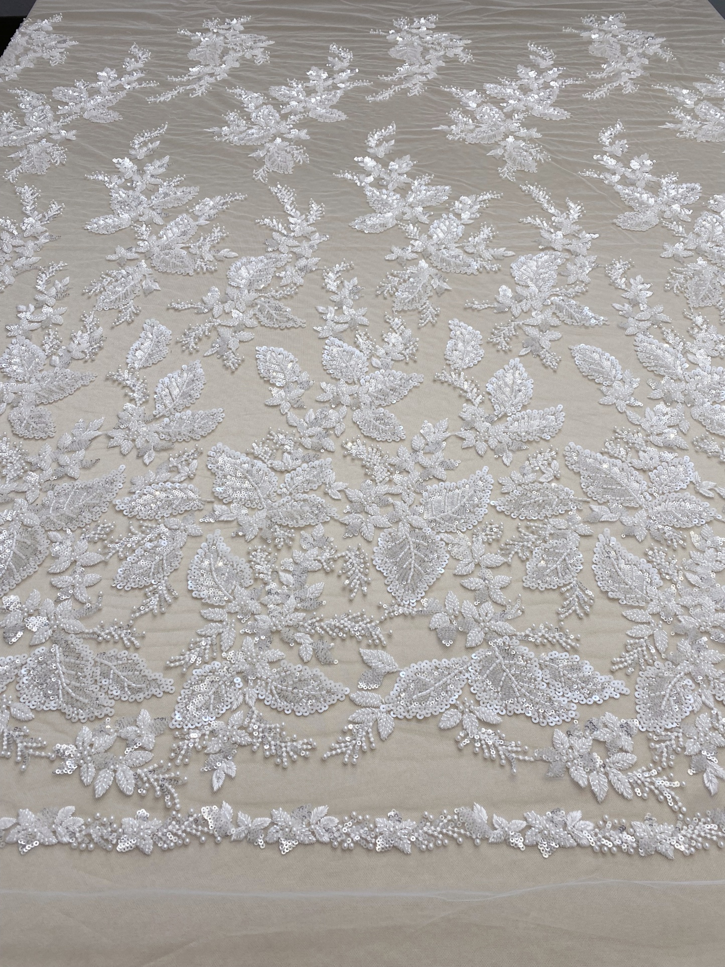 Floral embroidered beaded lace fabric with sequins on soft tulle for wedding dresses, veils, bridal gowns, capes, luxury wedding gown fabric