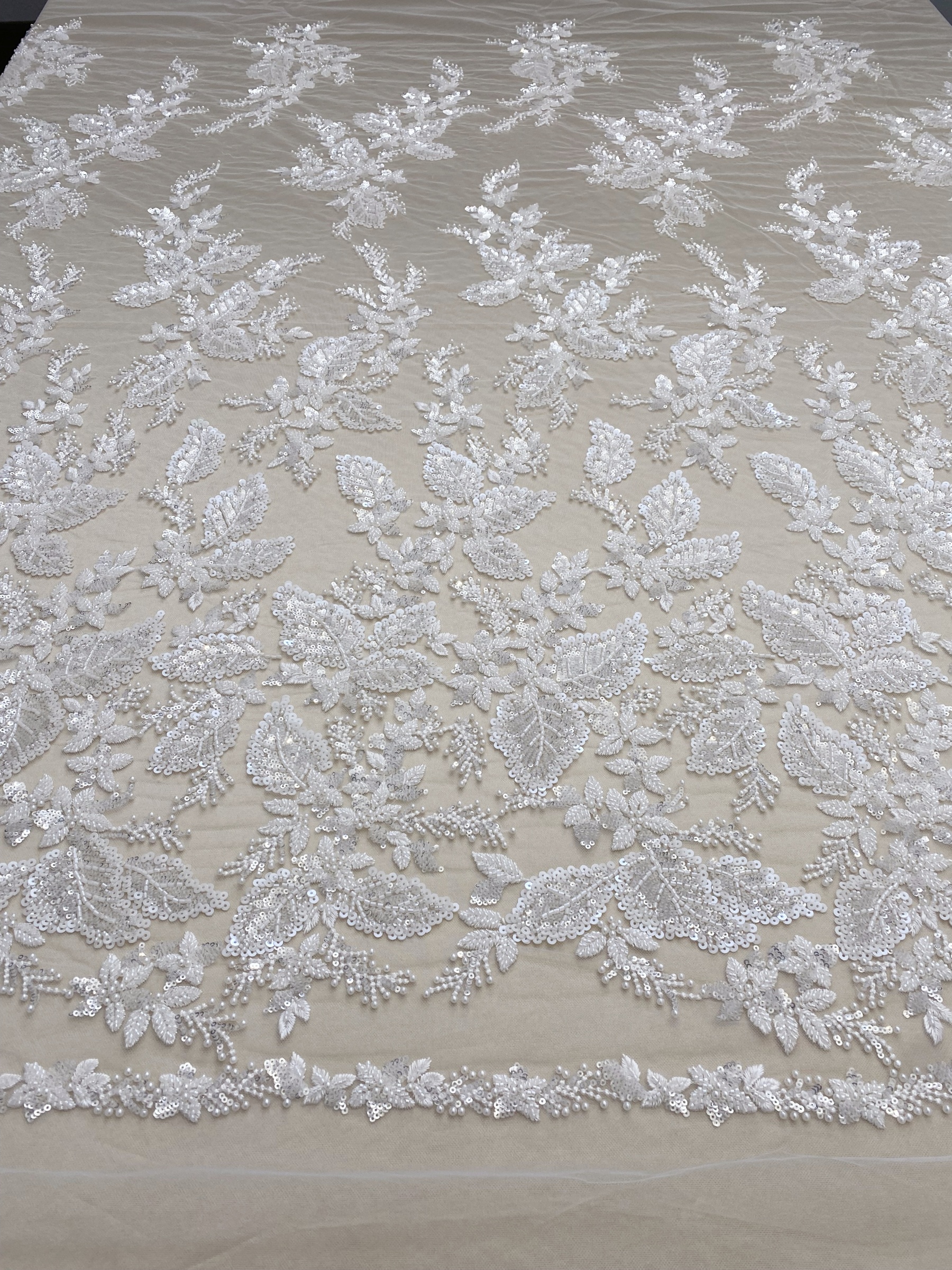 Floral embroidered beaded lace fabric with sequins on soft tulle for wedding dresses, veils, bridal gowns, capes, luxury wedding gown fabric