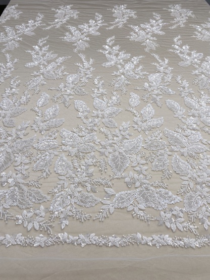 Floral embroidered beaded lace fabric with sequins on soft tulle for wedding dresses, veils, bridal gowns, capes, luxury wedding gown fabric