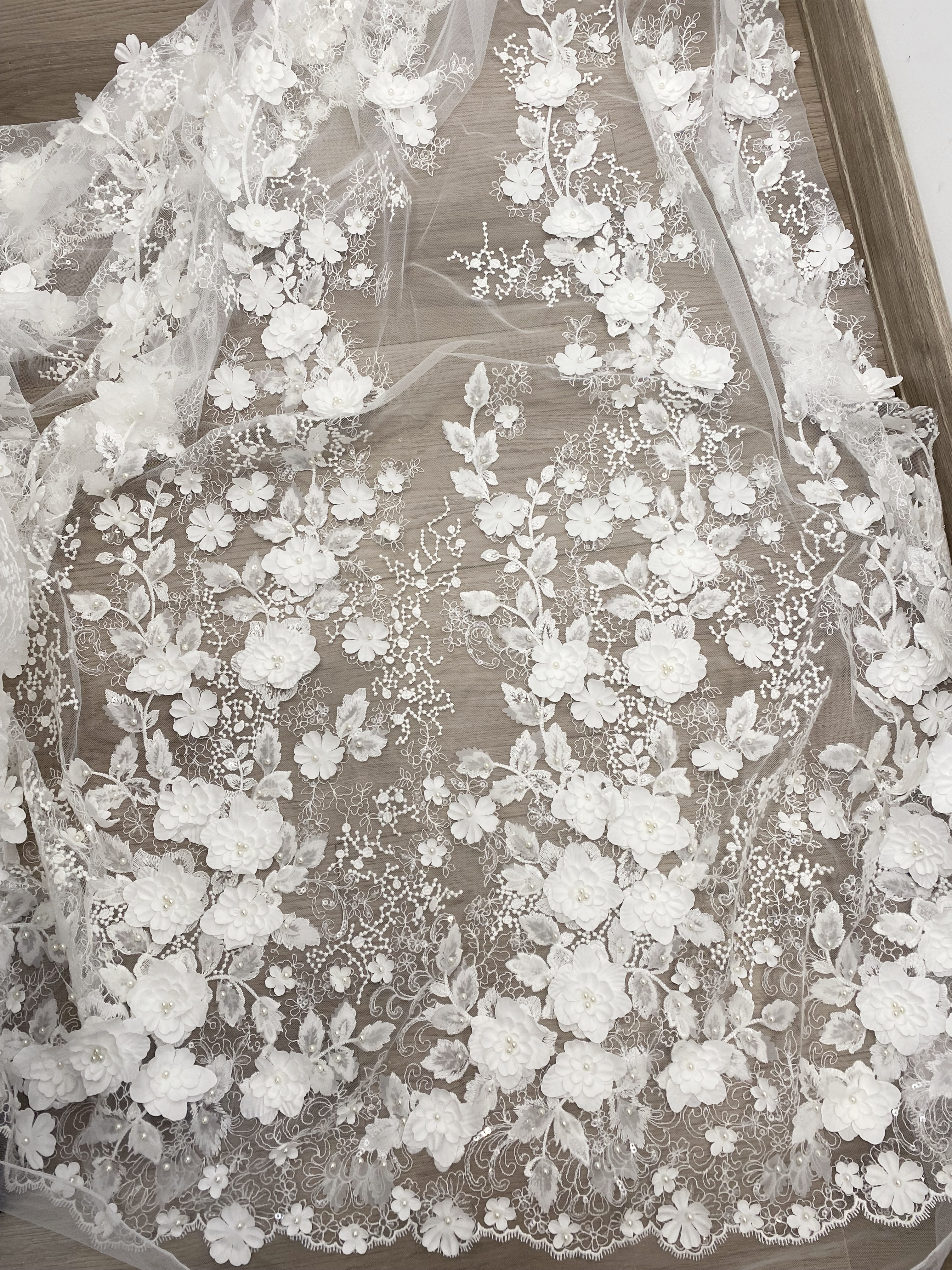3D Floral Embroidered Lace Fabric White Beaded Lace for Wedding Dress, Bridal Gown Material by the Yard, Sewing Supplies