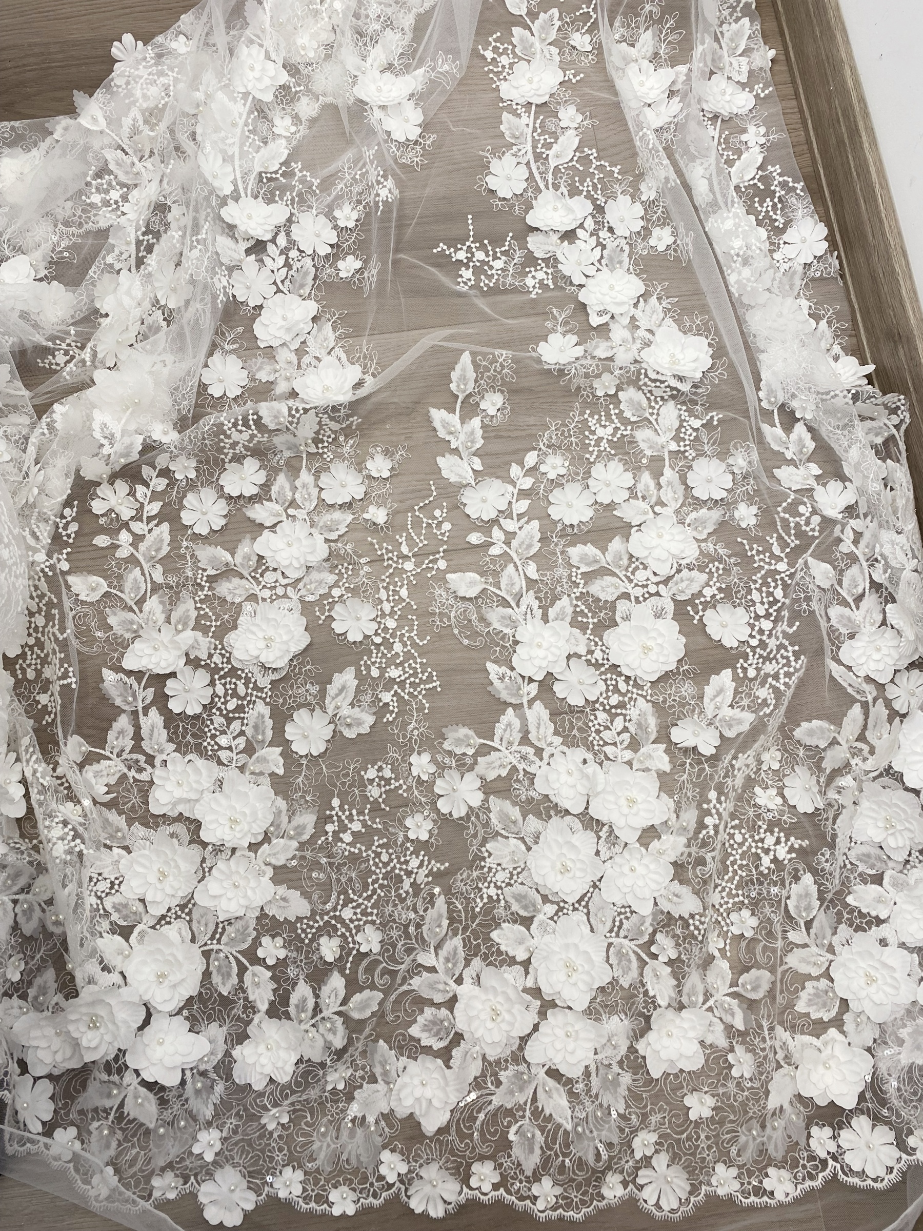 3D Floral Embroidered Lace Fabric White Beaded Lace for Wedding Dress, Bridal Gown Material by the Yard, Sewing Supplies