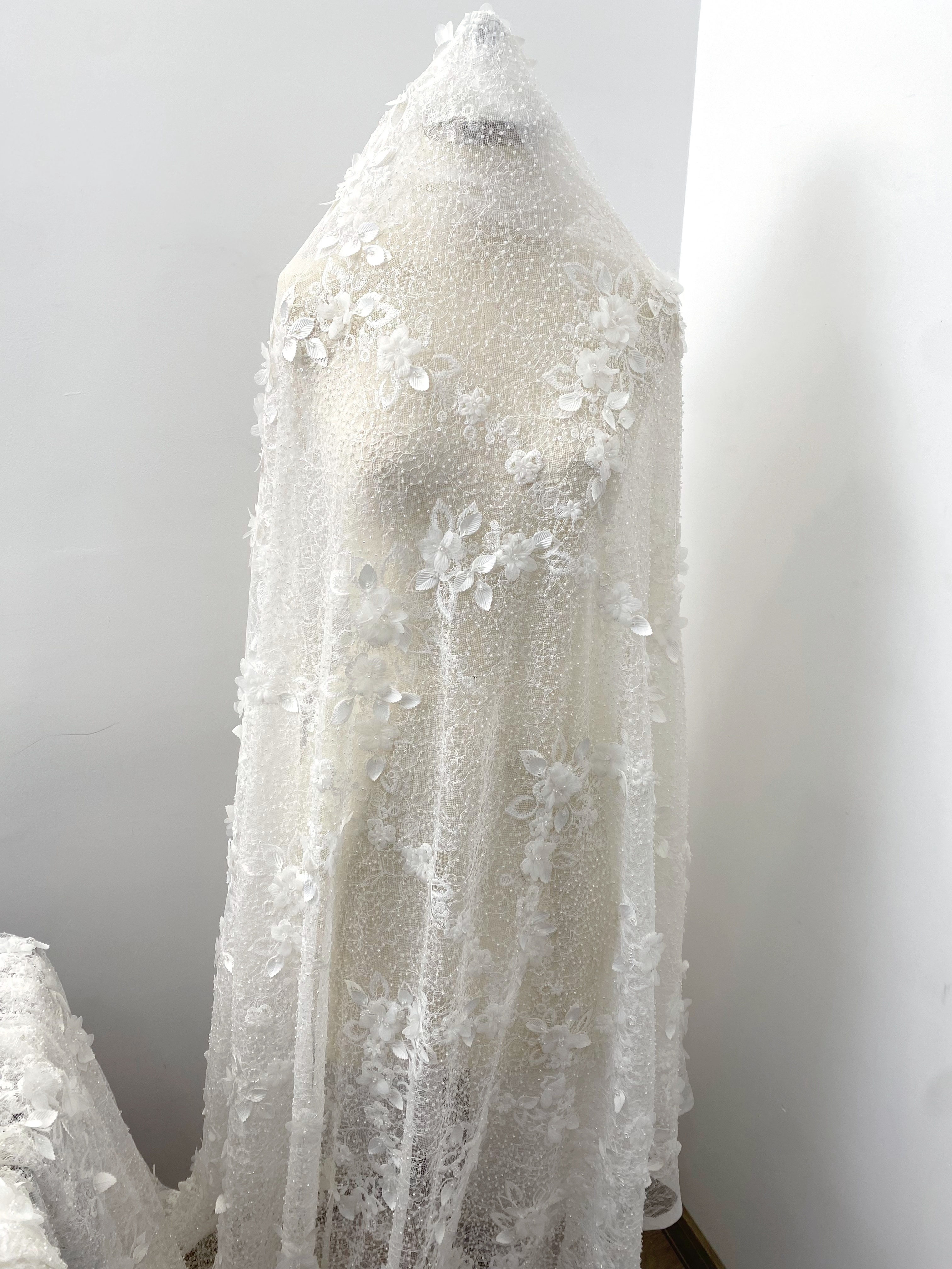 Off-white 3D Flower Beaded Lace Fabric, Embroidered Tulle with Beading for Wedding Dresses & Bridal Accessories, Couture DIY