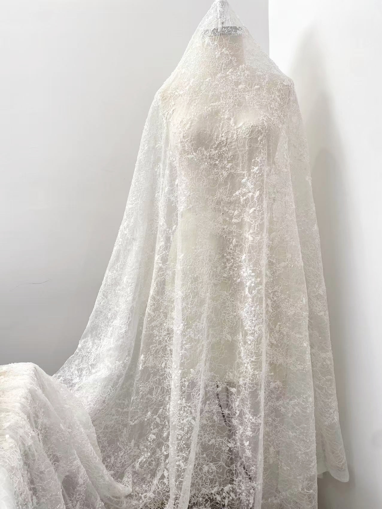 Elegant Embroidery Fabric With Corded, Beautiful Floral Sparkling Sequins And Crystal Beads Embroidered Wedding Dress Bridal Gown