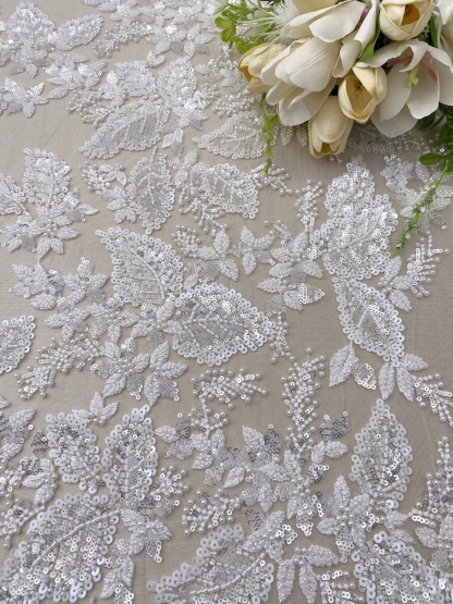 Floral embroidered beaded lace fabric with sequins on soft tulle for wedding dresses, veils, bridal gowns, capes, luxury wedding gown fabric